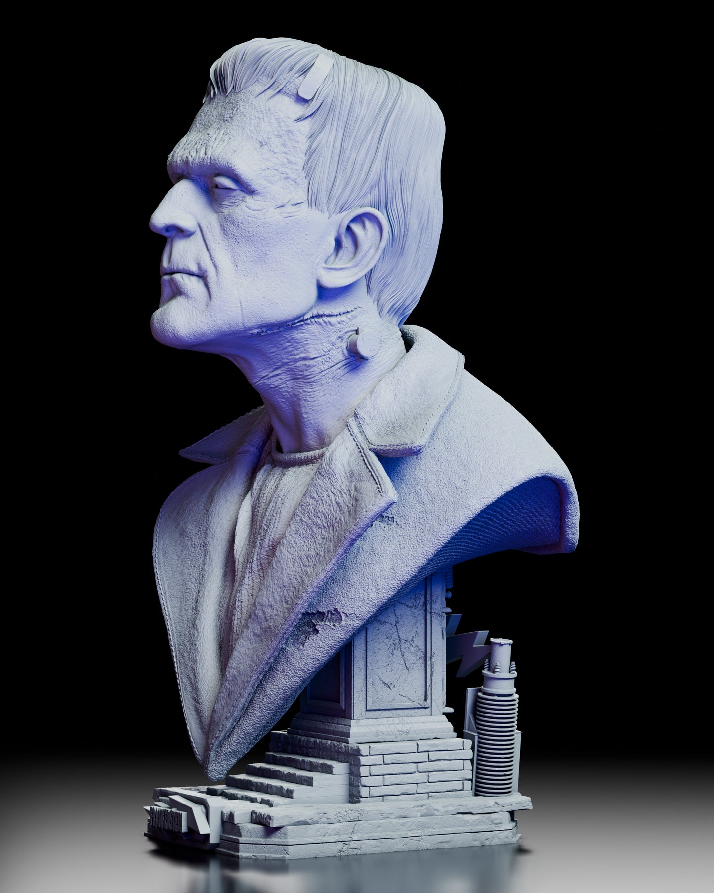 Left front angle of the Frankenstein Portrait Bust, emphasizing the creature’s facial scars, expression, and realistic clothing folds.