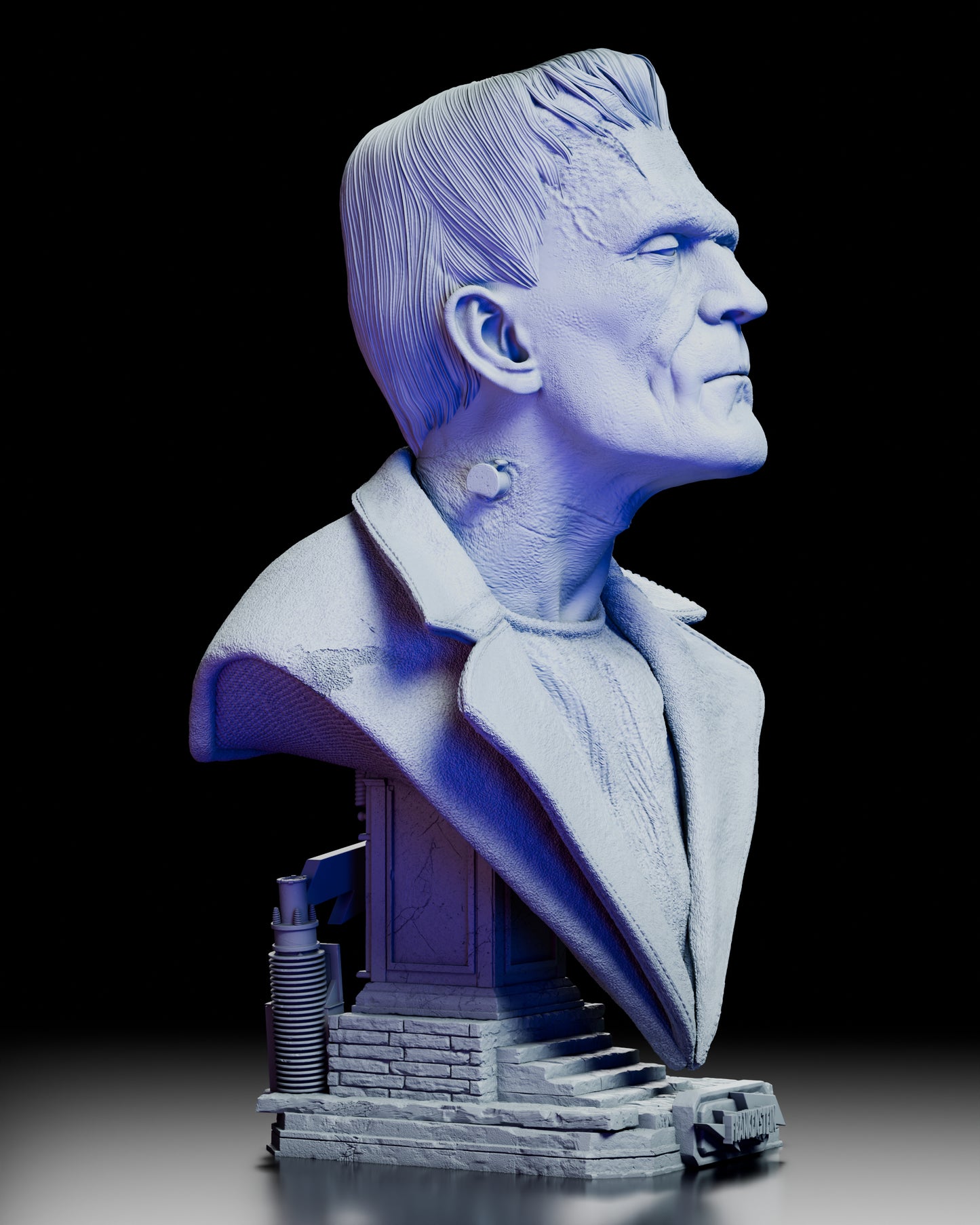 Right front angle of the Frankenstein Portrait Bust, highlighting the creature’s rugged facial features and layered collar.