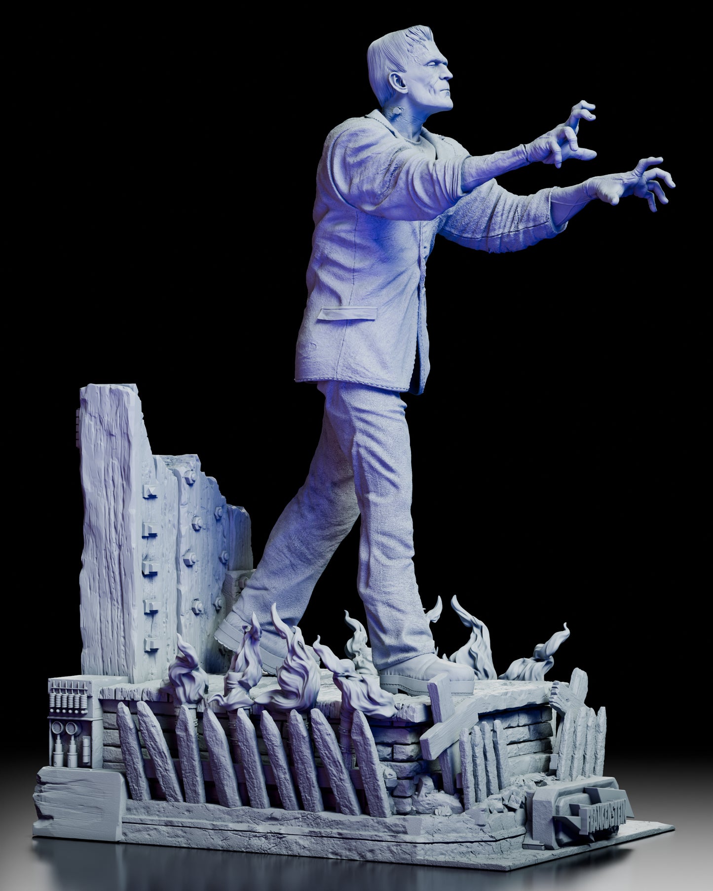 Side view of Frankenstein's Monster figure model kit showing intricate details and laboratory-style base