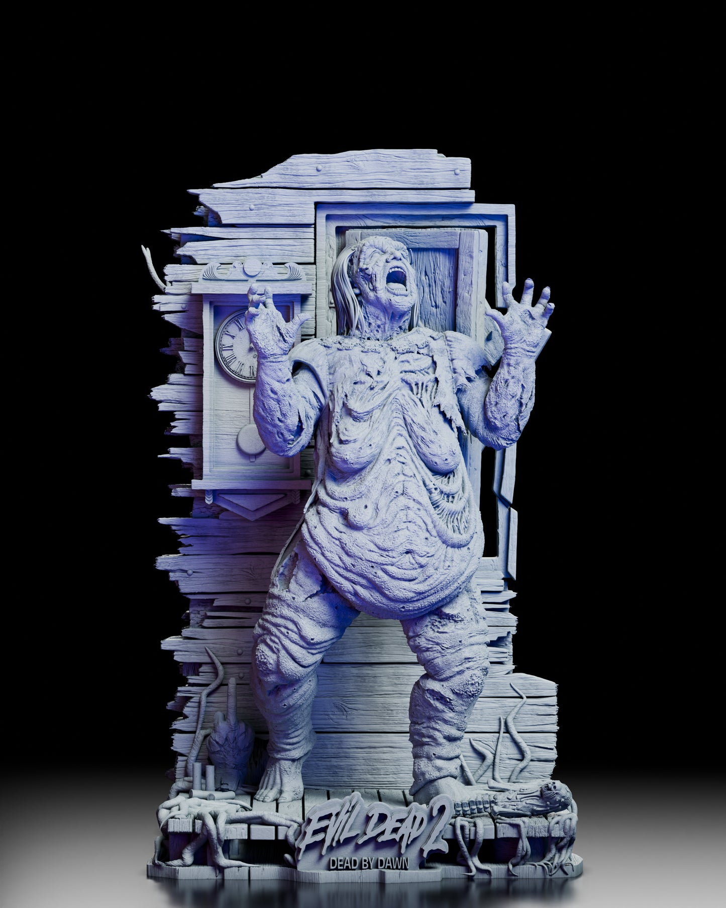 Front view of the Henrietta Knowby Deadite Evil Dead 2 figure kit by Wicked showing full pose and cabin diorama base