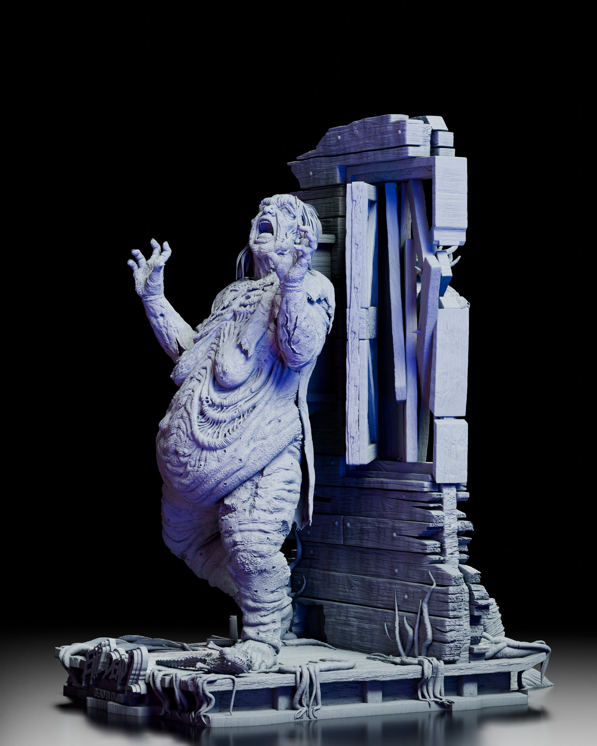 Left side view of the Henrietta Knowby Deadite resin kit highlighting sculpted textures, cabin wall, and expressive pose
