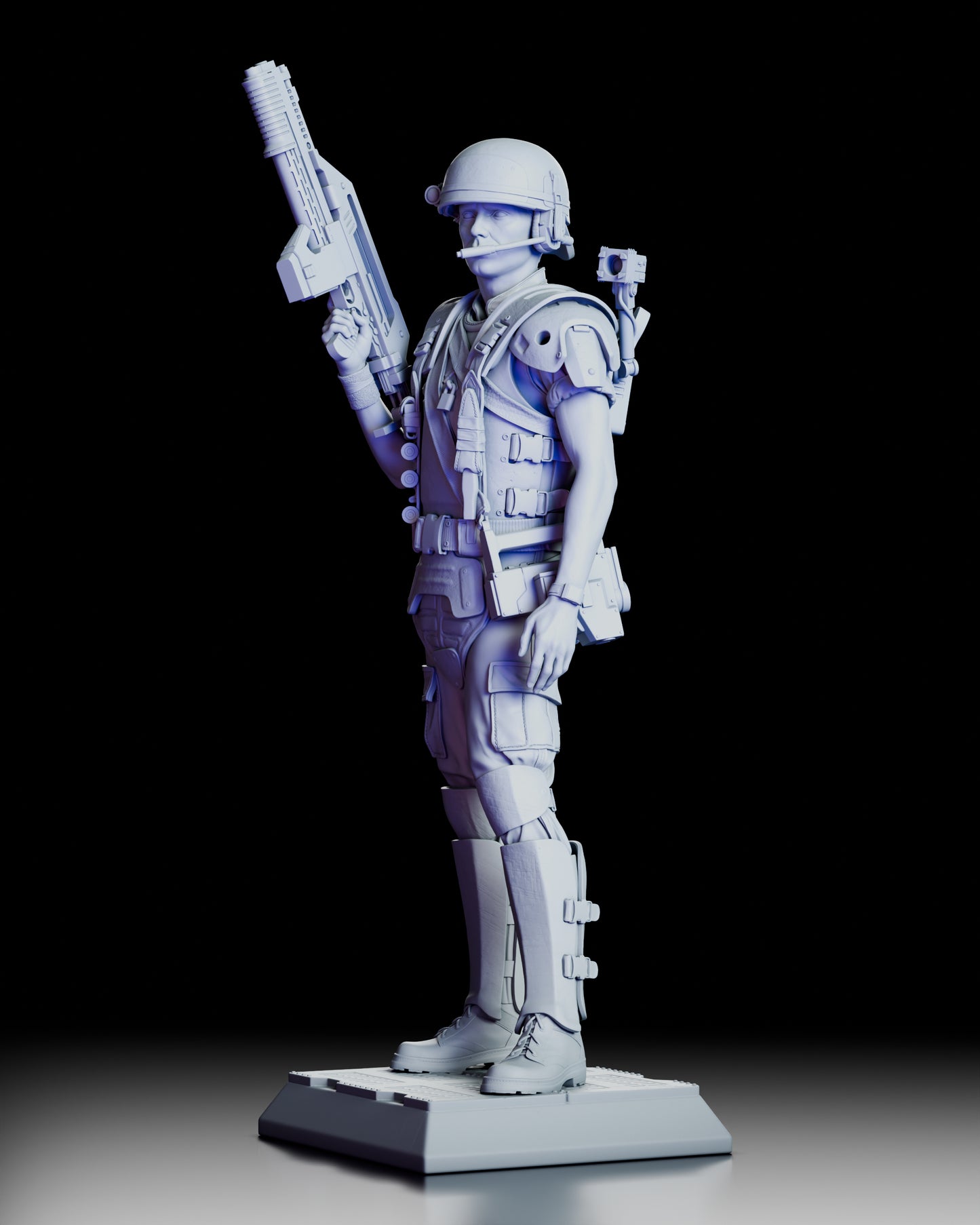 Corporal Hicks Colonial Marine figure left rear view showing pulse rifle, backpack straps, armor panels, cargo pockets, and combat boot treads on display base