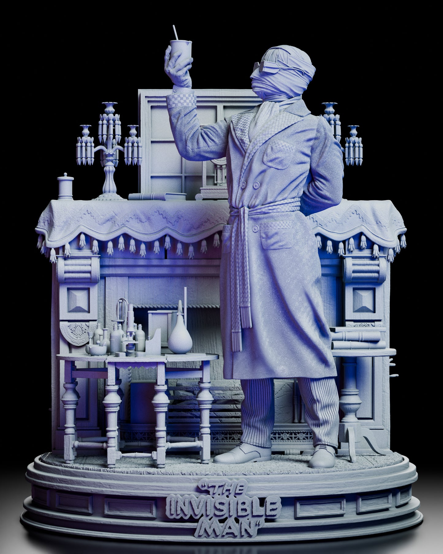 Full front view of The Invisible Man resin kit featuring detailed robe, lab equipment, and movie title base