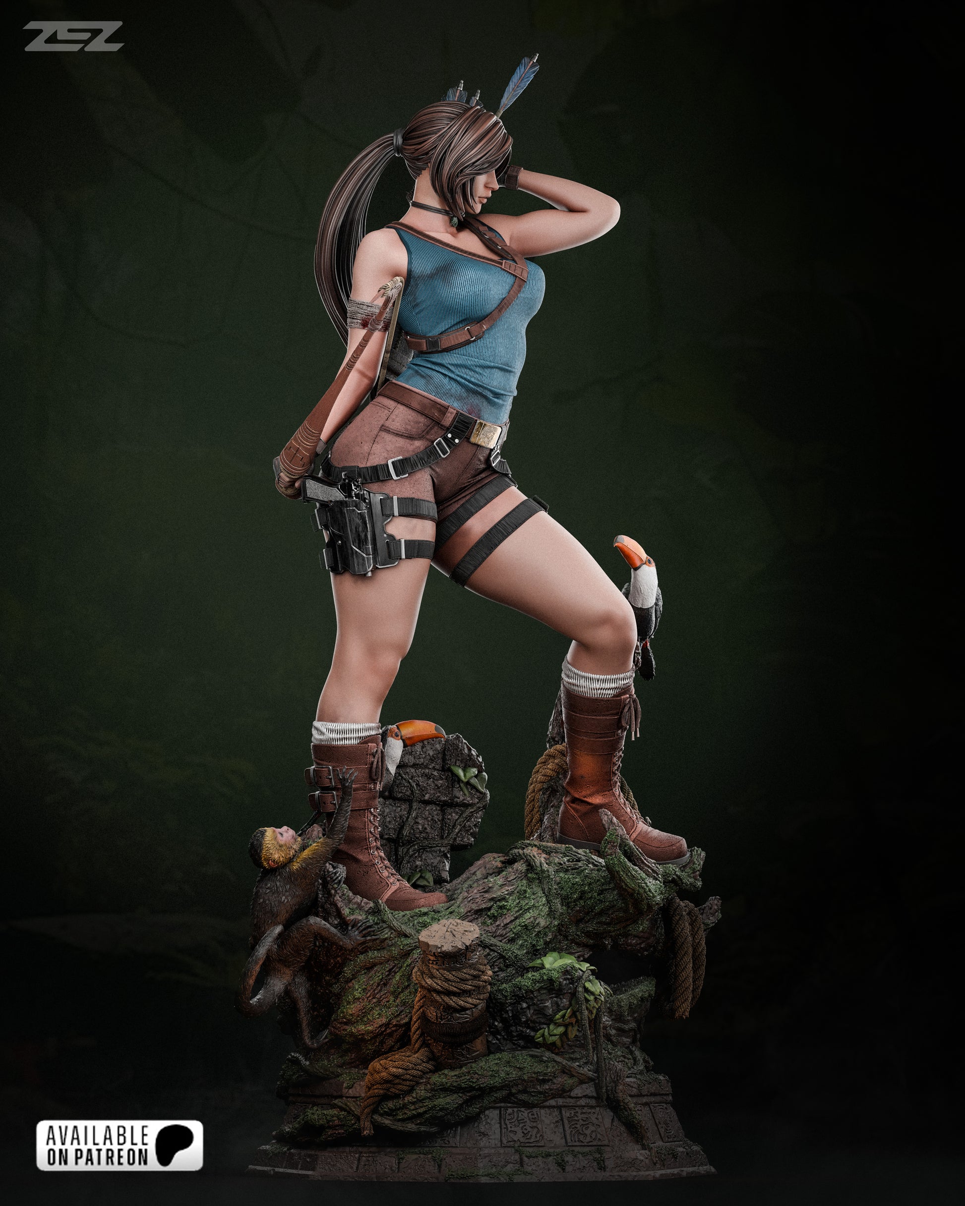 Side profile of a 3D-printed female adventurer figurine in an action pose, featuring tropical birds, vines, and jungle details on the base.