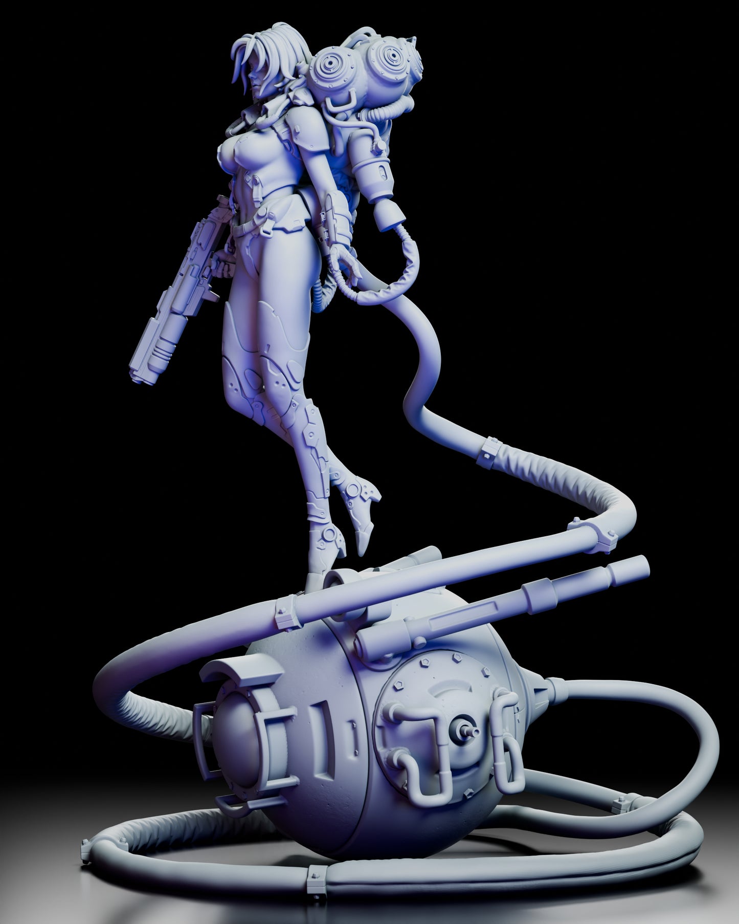 Left angled view of a retro futuristic female space explorer with rifle standing atop a reactor device wrapped in cables