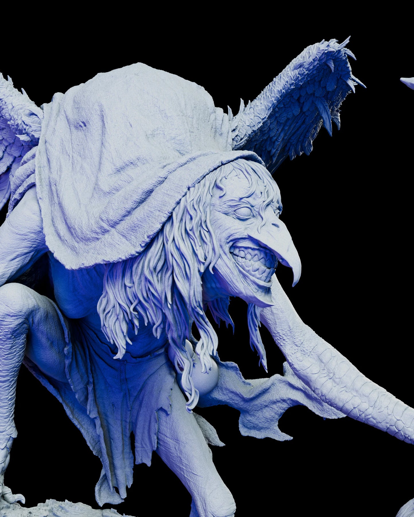 Close-up of Matinta Pereira’s face displaying intricate sculpting of hair, beak, and expression