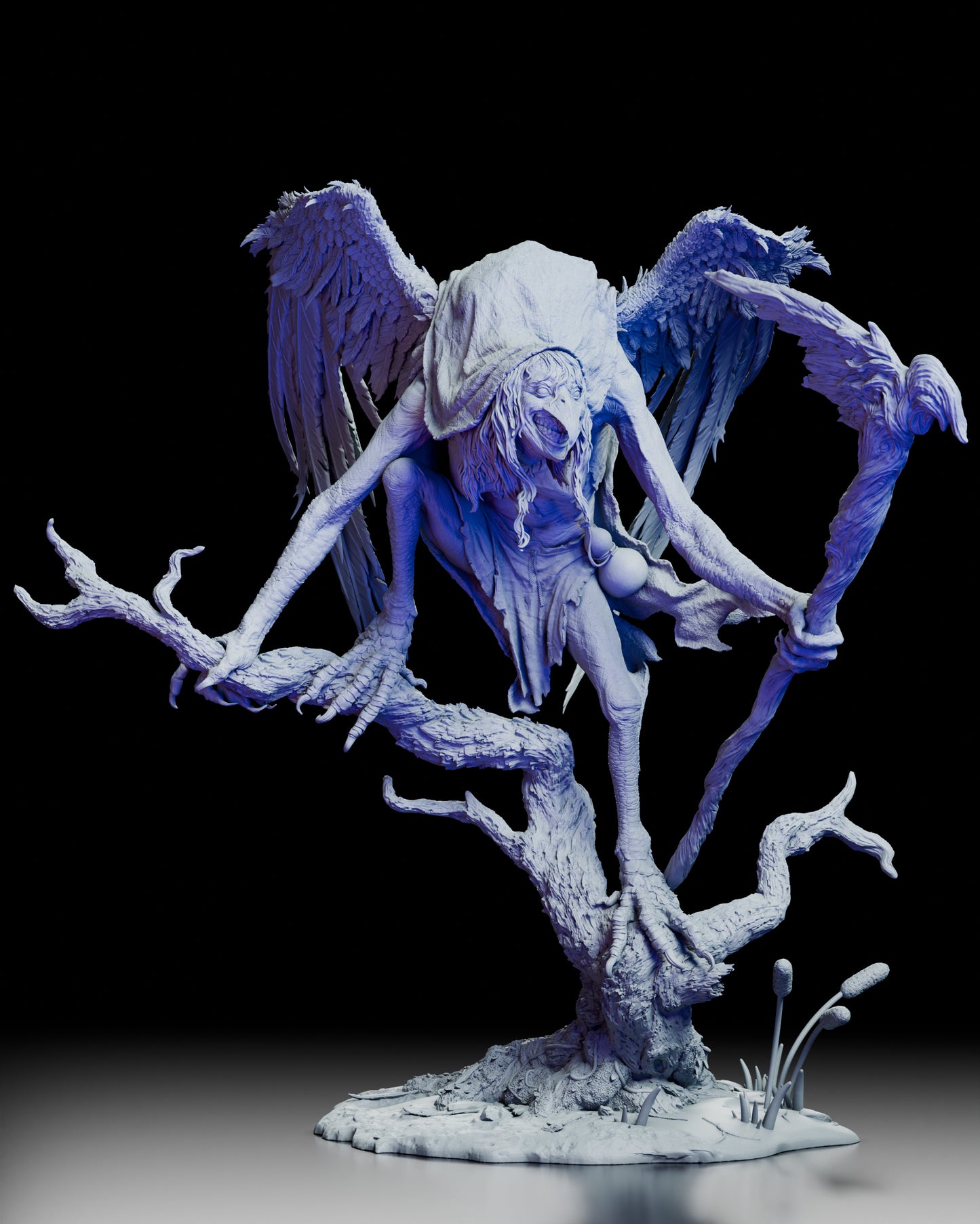 Front view of Matinta Pereira resin figure kit showing her perched on a branch with wings spread