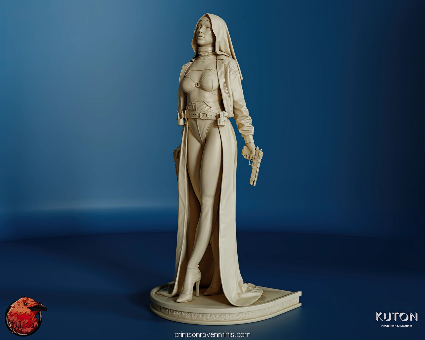 Angled front view of Nun with a Gun resin figure, highlighting the character's dynamic stance and detailed costume.
