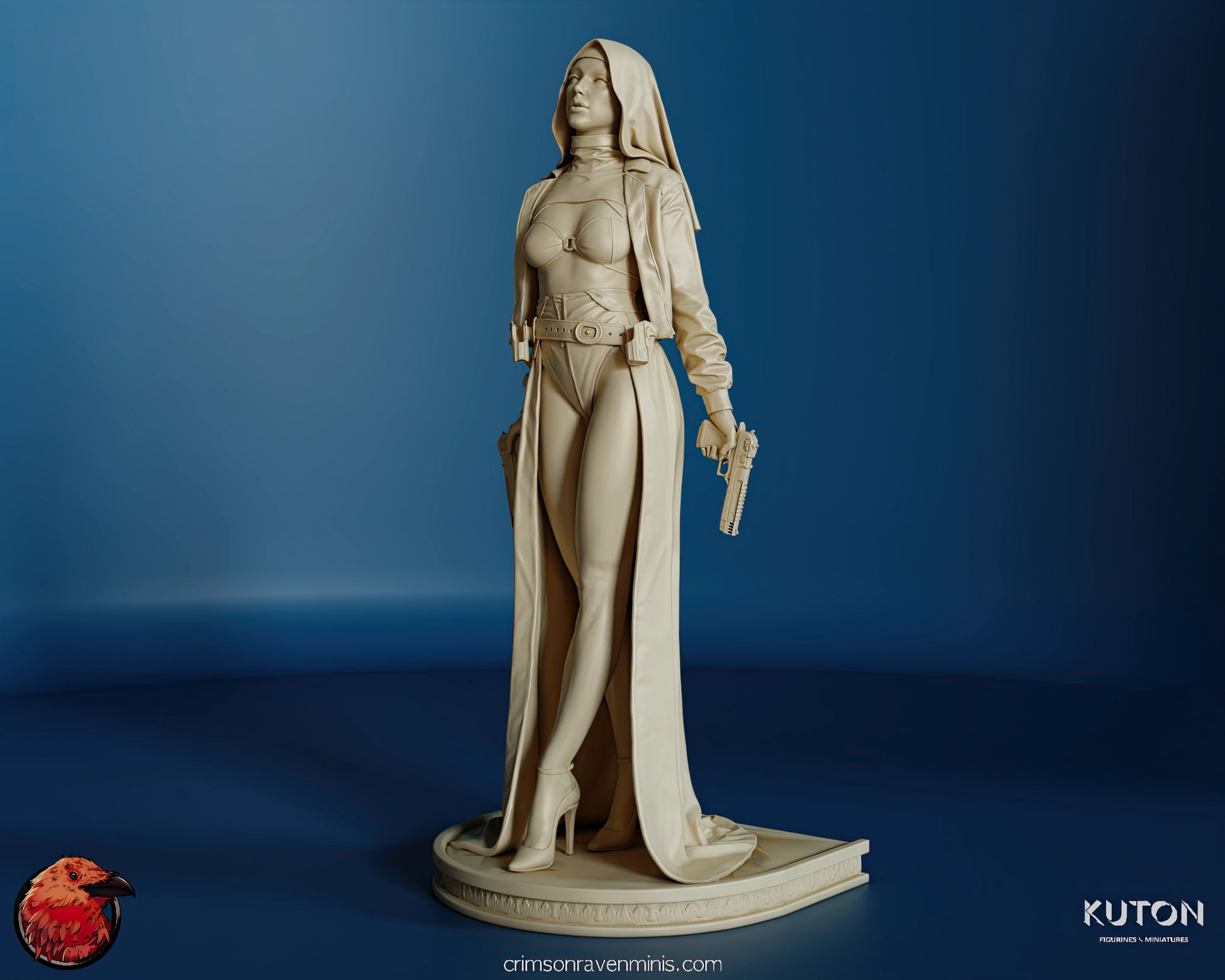 Angled front view of Nun with a Gun resin figure, highlighting the character's dynamic stance and detailed costume.