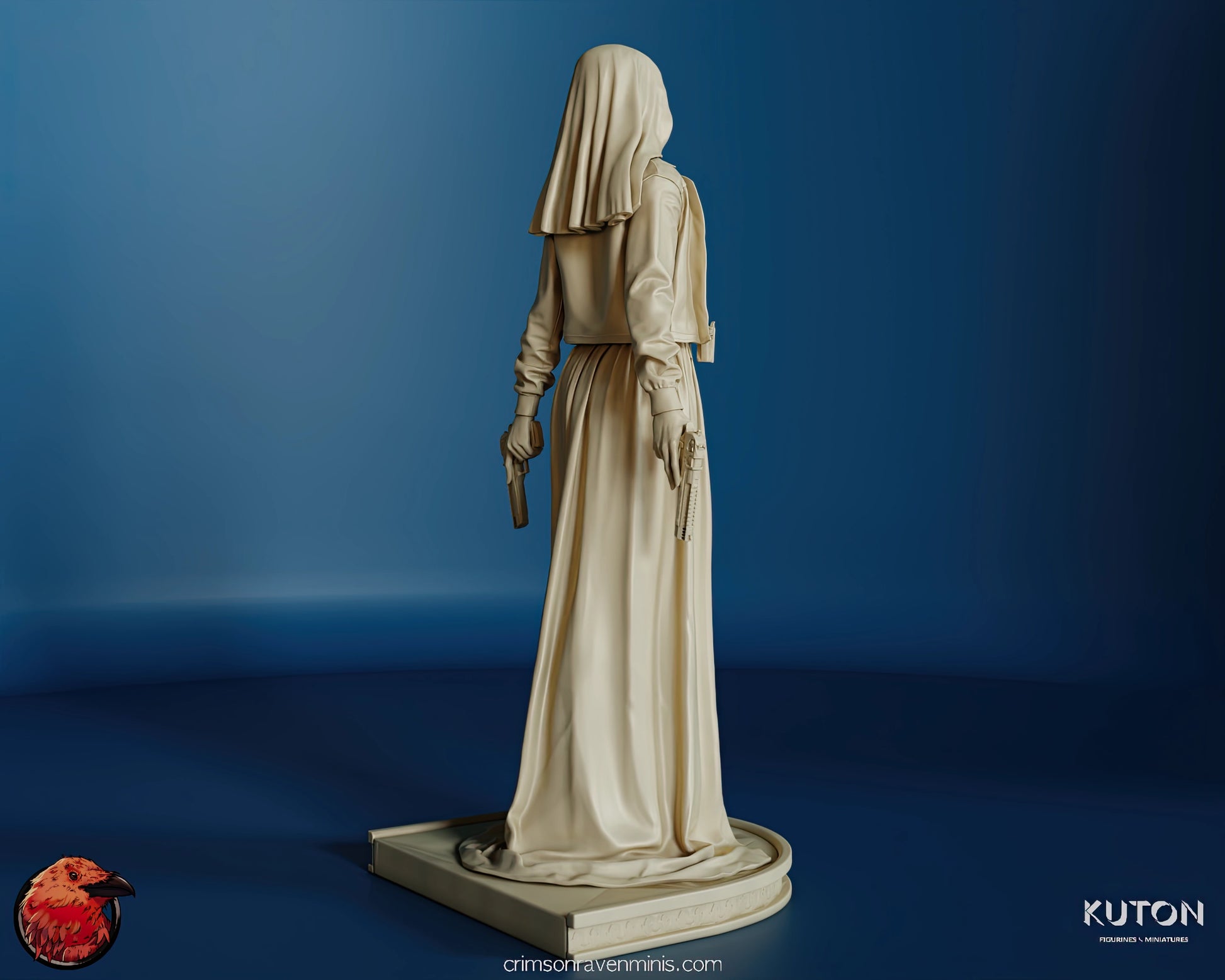 Back view of Nun with a Gun resin figure, emphasizing the long, flowing coat and detailed sculpting.
