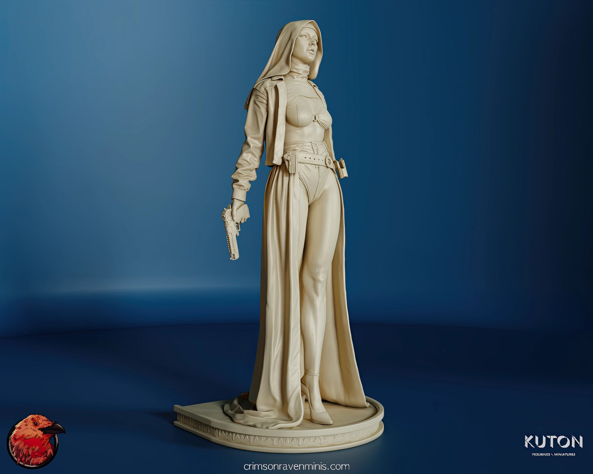Angled side view of Nun with a Gun resin figure, capturing the powerful stance and intricate details of the outfit and pistols.