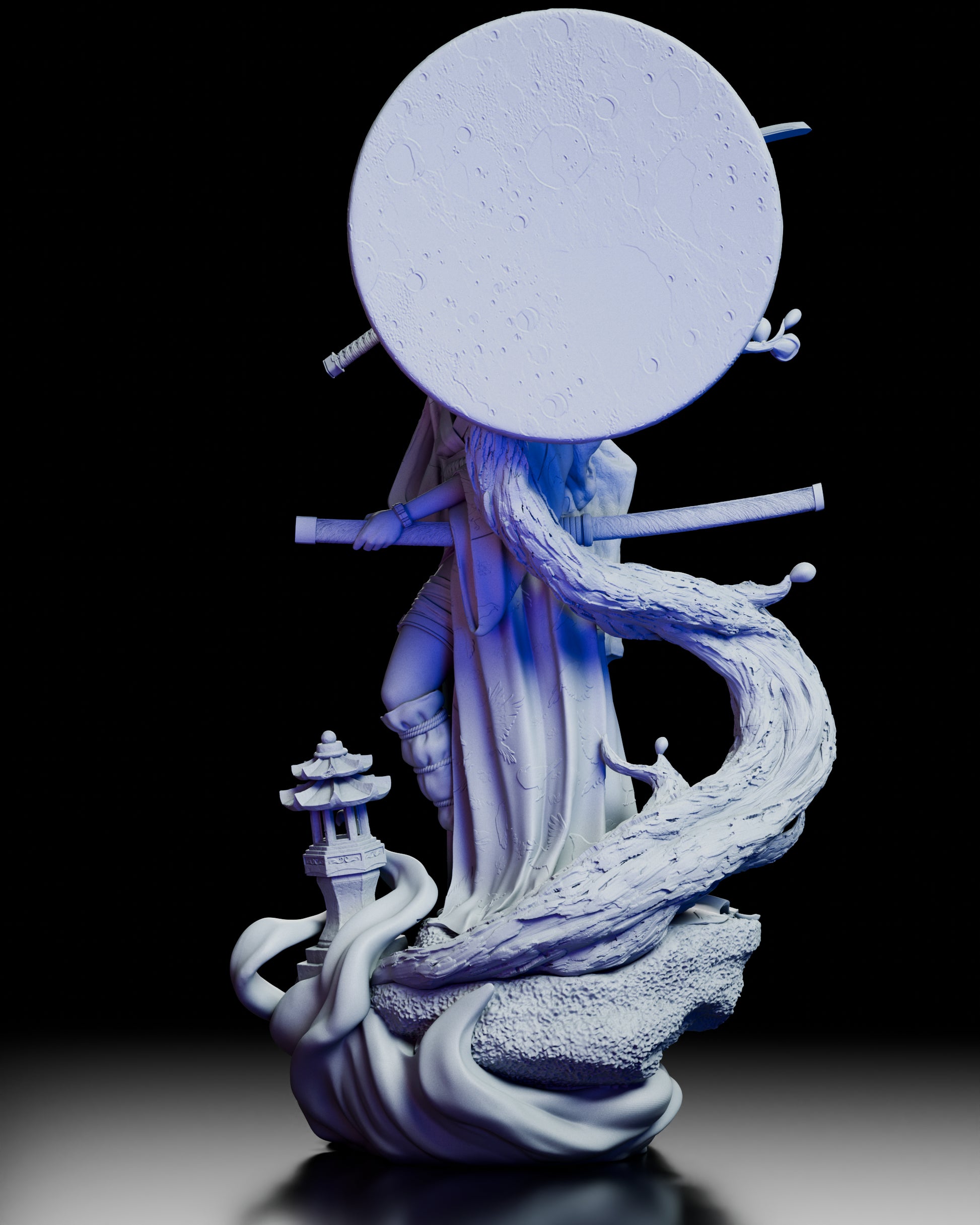 Side view focusing on the textured moon disc backdrop and the Oni-Demon Girl’s poised stance