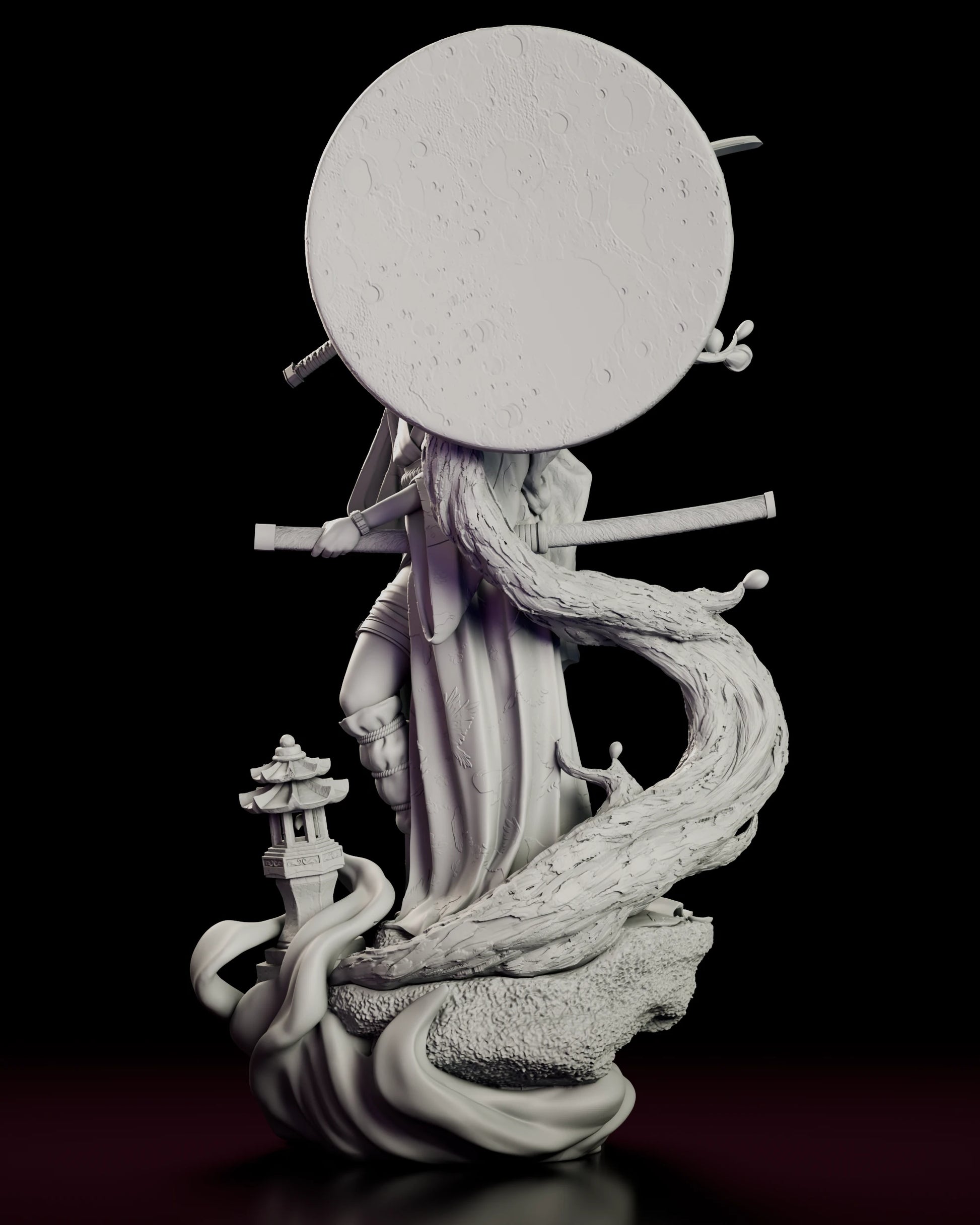 Side view focusing on the textured moon disc backdrop and the Oni-Demon Girl’s poised stance