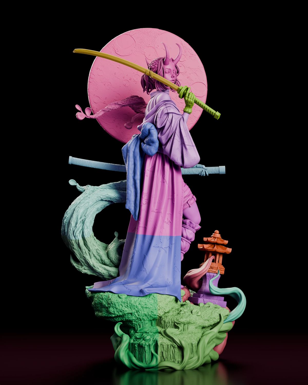 multi-colored parts render showcasing the parts that make up our Oni Demon Girl figure model kit.