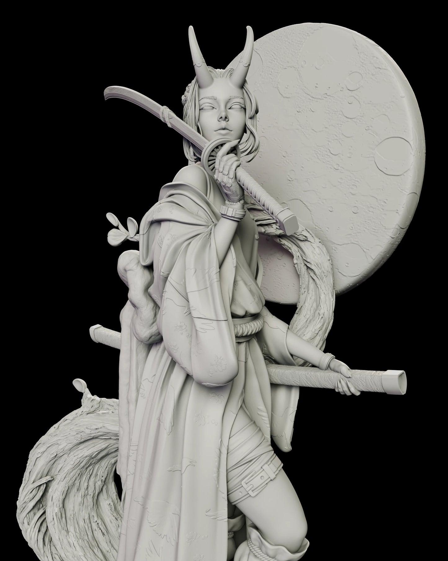 Detailed image of our Oni Demon Girl figure model kit showing details of her robe, glove, moon backdrop