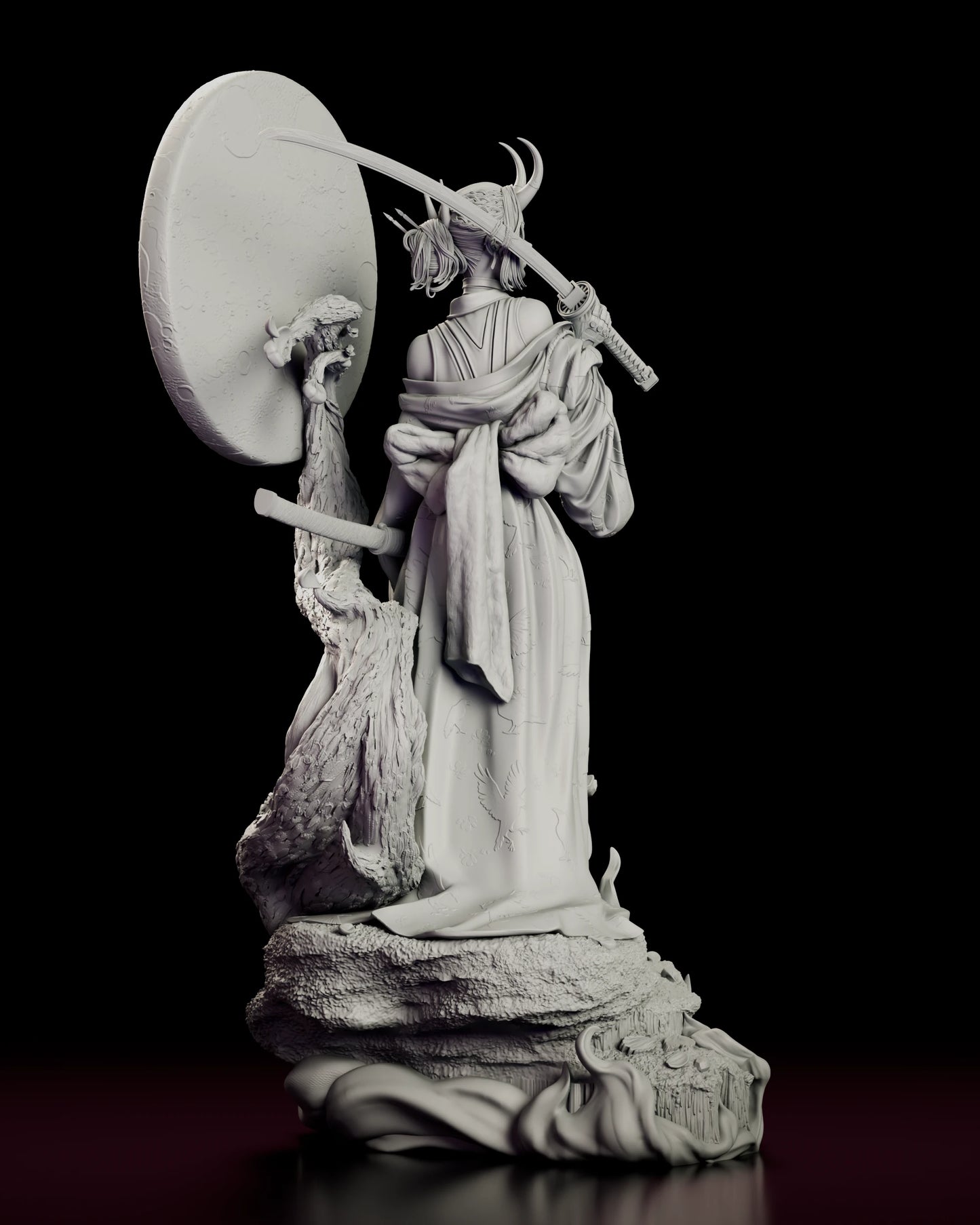 Rear view displaying the sculpted details of the robe and swirling bonsai-like element