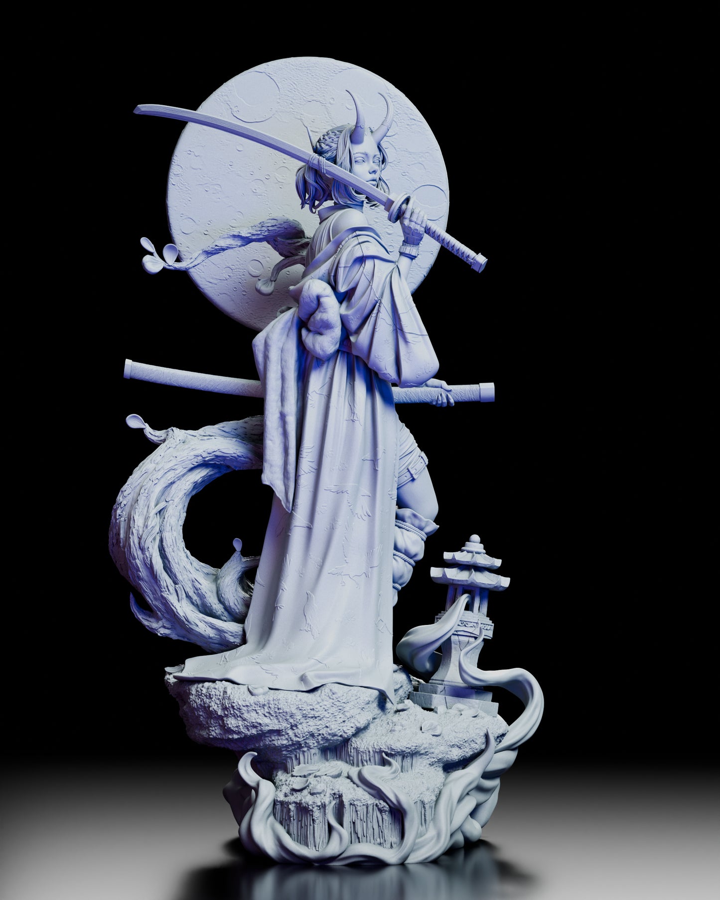 Front view of the Oni-Demon Girl figure showcasing her dual swords and horned headdress