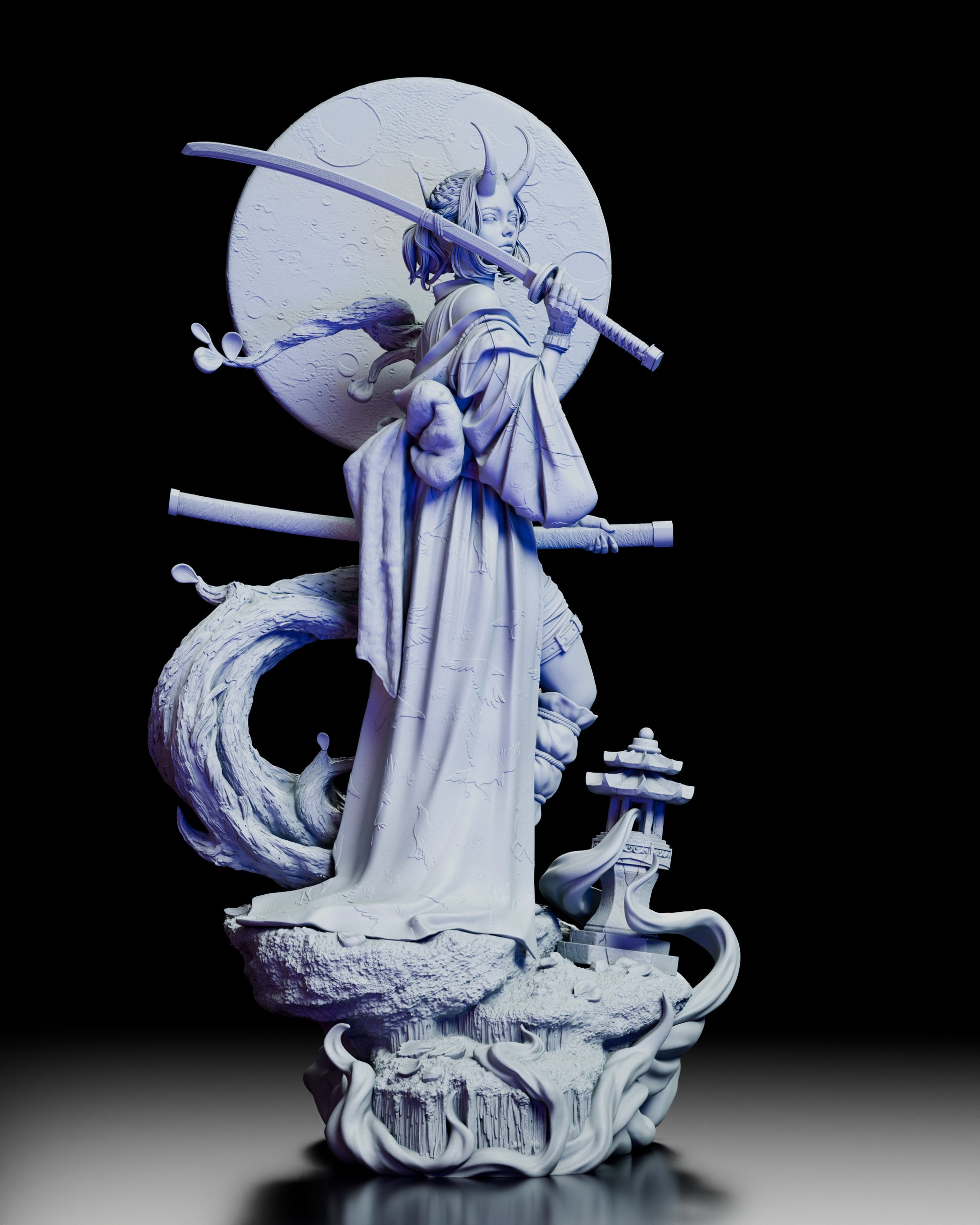 Front view of the Oni-Demon Girl figure showcasing her dual swords and horned headdress
