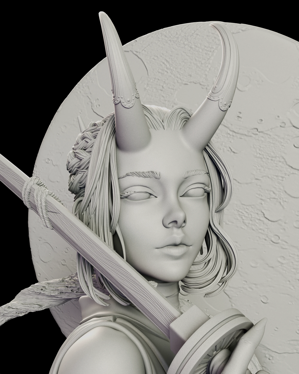 close-up portrait showcasing the delicate features and ornamented horns of this figure kits portrait.