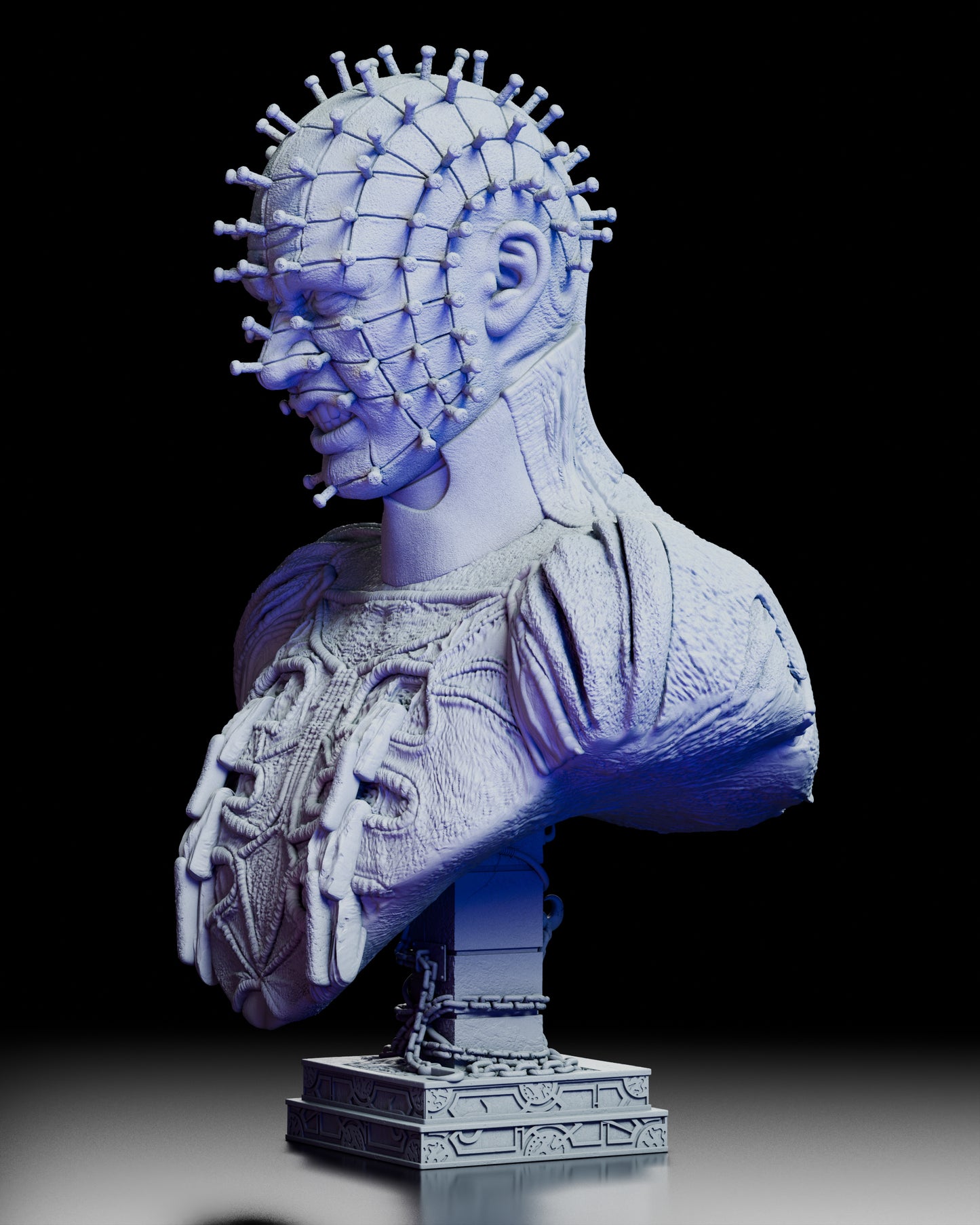 Left side view of The Hell Priest portrait bust highlighting the pin lattice, ear detailing, and carved chest textures.
