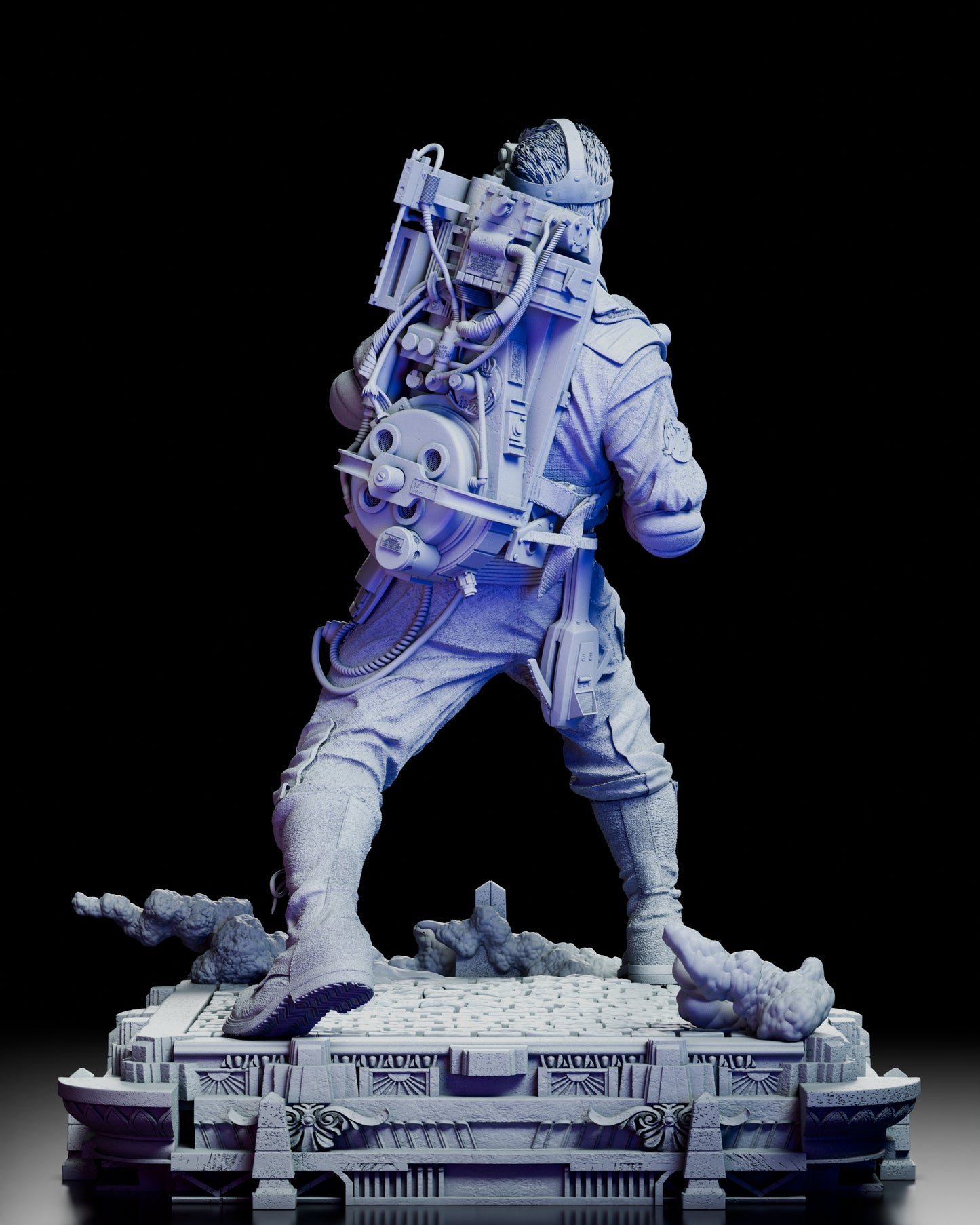 Rear view showing the proton pack’s cables, mechanical detail, and base smoke effects