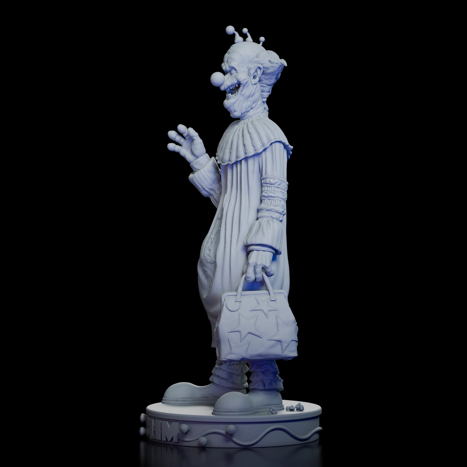Left profile of Slim Maquette Kit holding a star-patterned bag and waving hand
