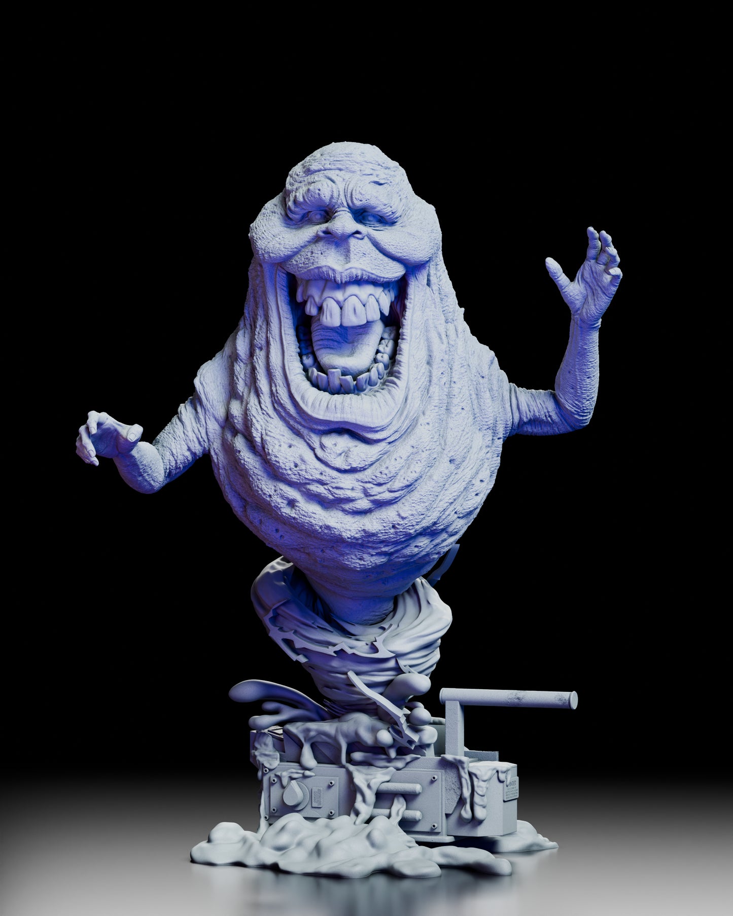 Front view of Slimer resin figure kit emerging from a ghost trap with open-mouthed grin