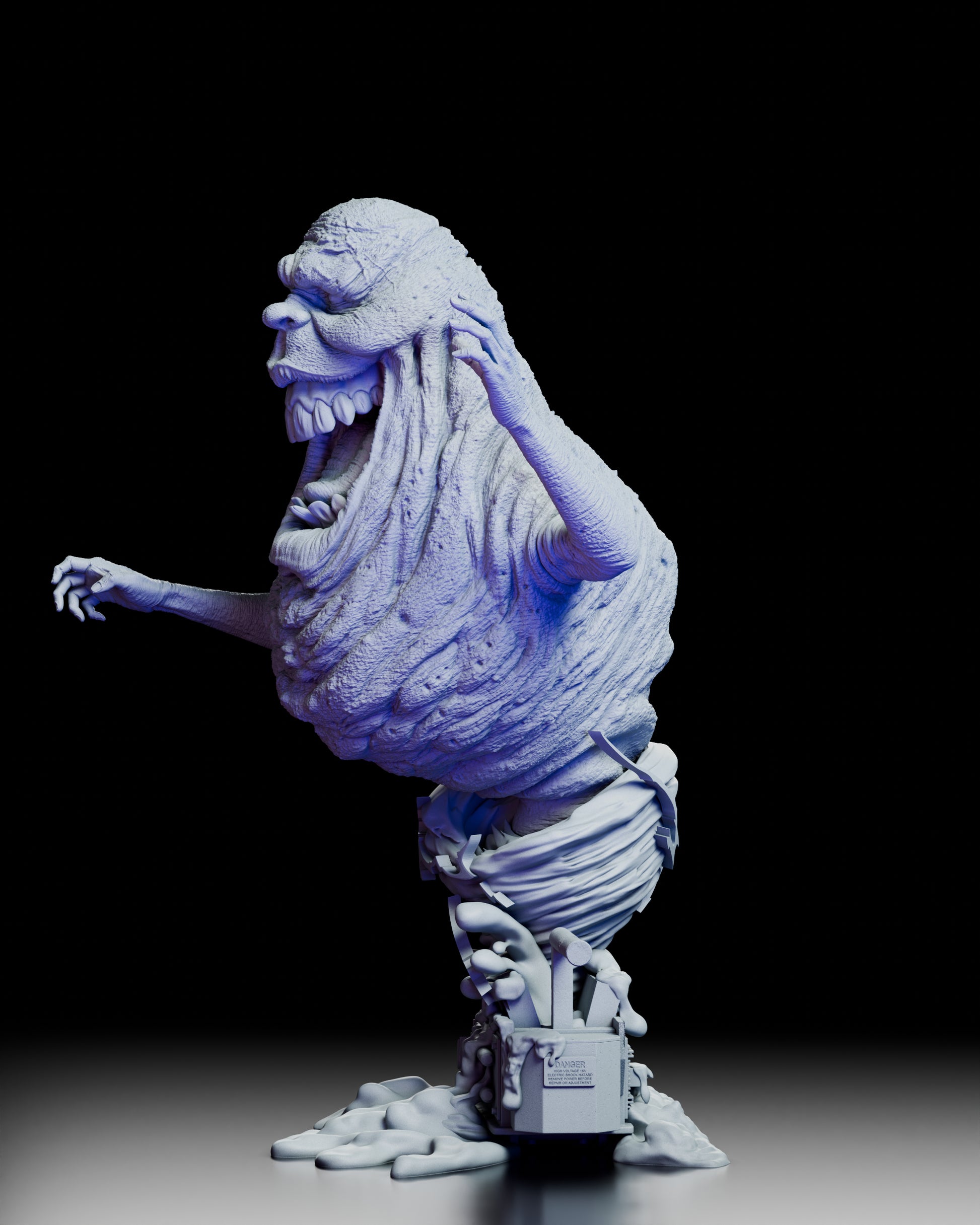 Left side view showing Slimer’s twisting ectoplasmic form and ghost trap base details