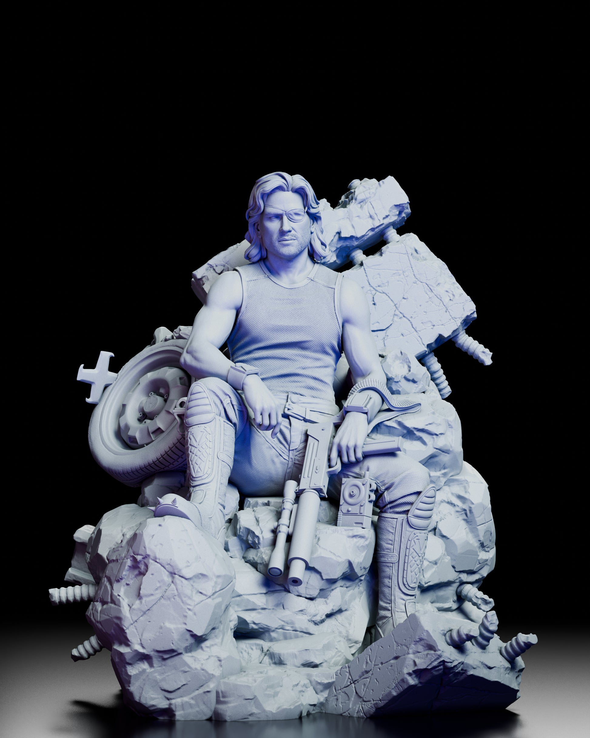 Front view of Snake Plissken resin model kit seated on a post-apocalyptic throne, armed and relaxed