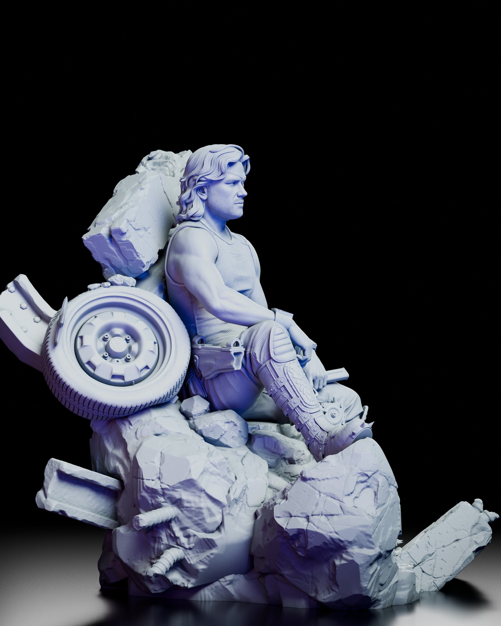 Right side angle of Snake Plissken figurine highlighting facial profile and scattered debris