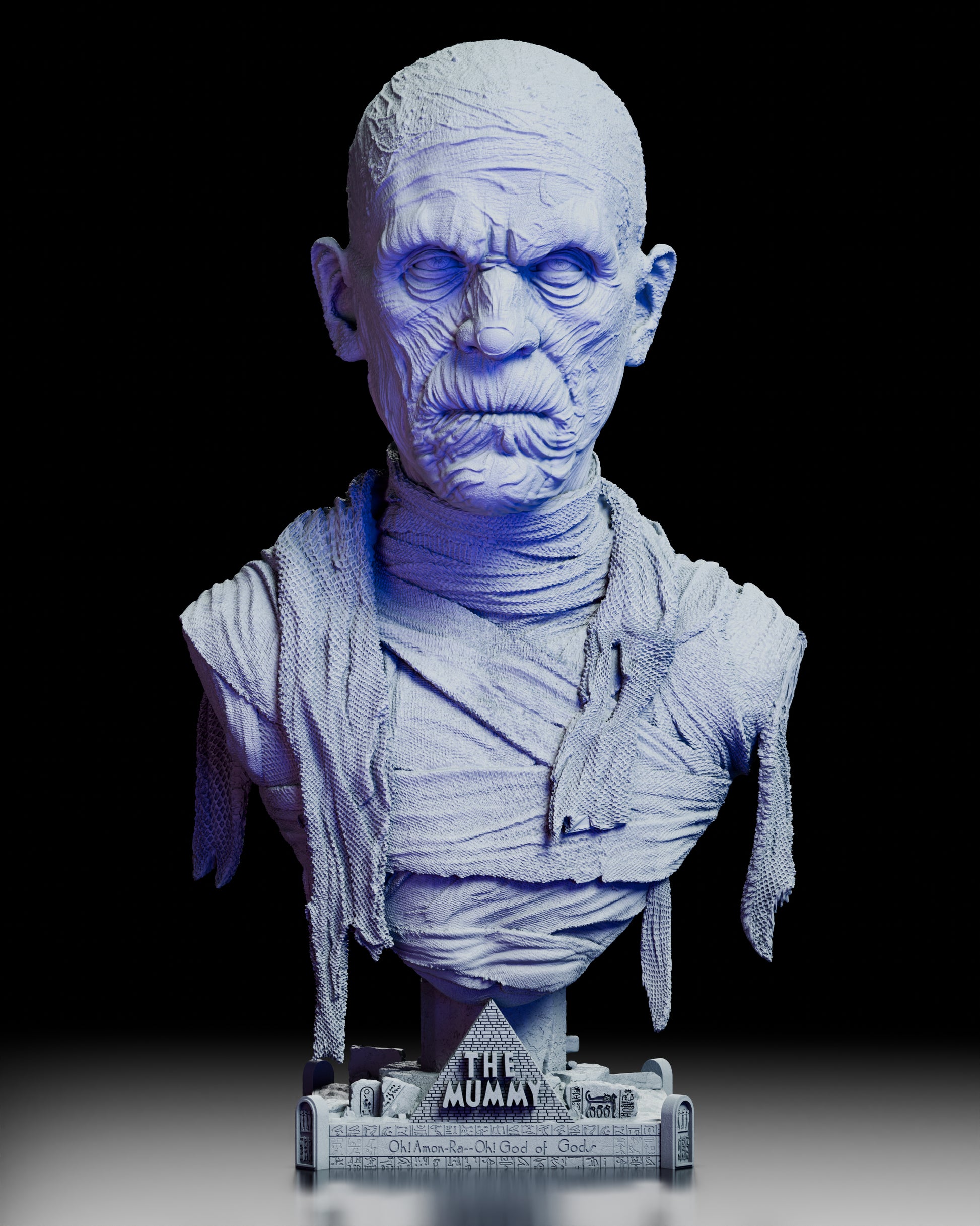 Front view of The Mummy portrait bust sculpted by Wicked, showing Boris Karloff’s bandaged features in detailed resin