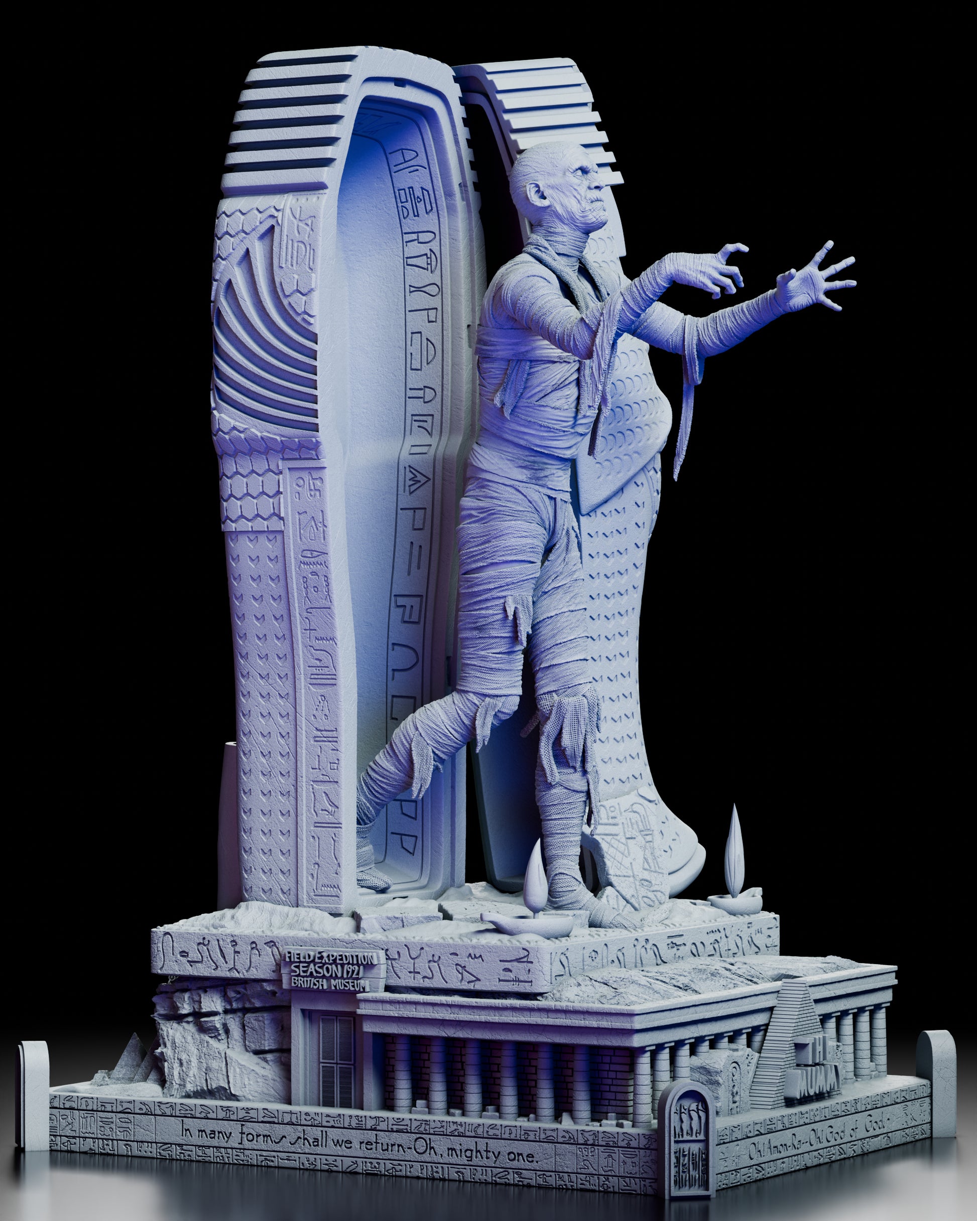 Right side profile of The Mummy diorama showing the sculpted features and diorama details