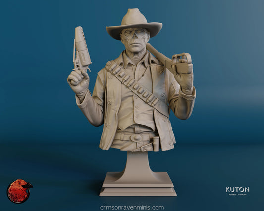 Front view of The Ghoul Bust resin model kit from Fallout, showing detailed facial features and rugged attire.