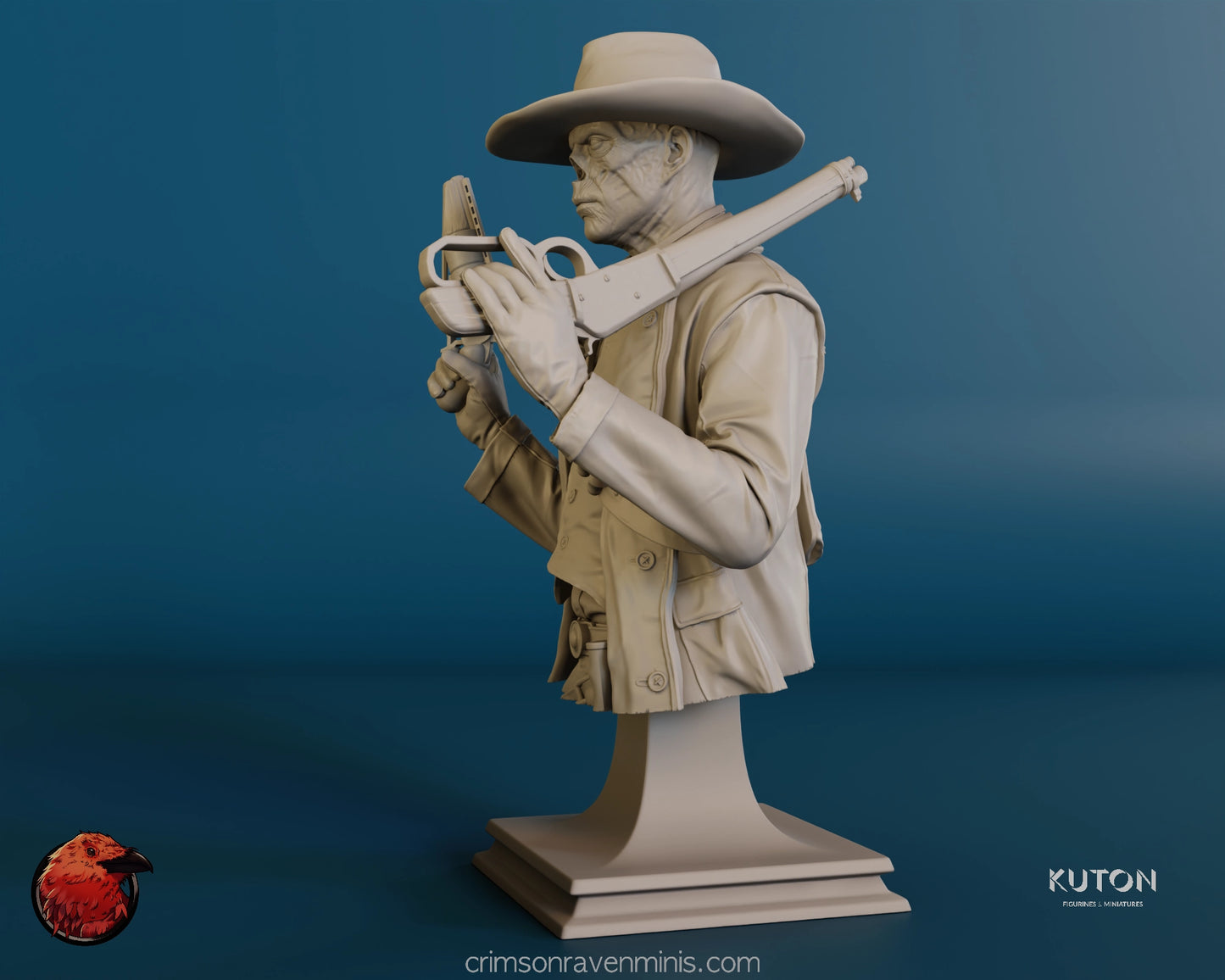 Side view of The Ghoul Bust resin model kit from Fallout, highlighting the intricate detailing on the figure’s coat and weaponry.