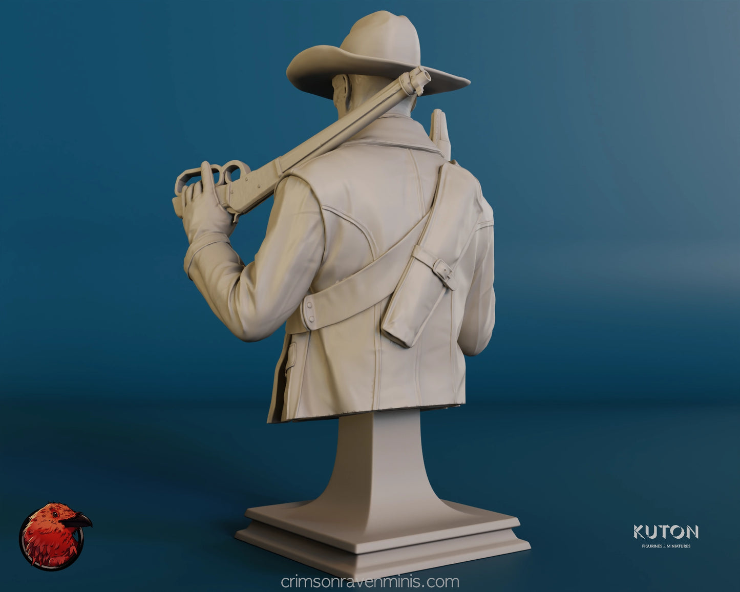 Back view of The Ghoul Bust resin model kit from Fallout, displaying the tattered coat and rifle slung over the shoulder.