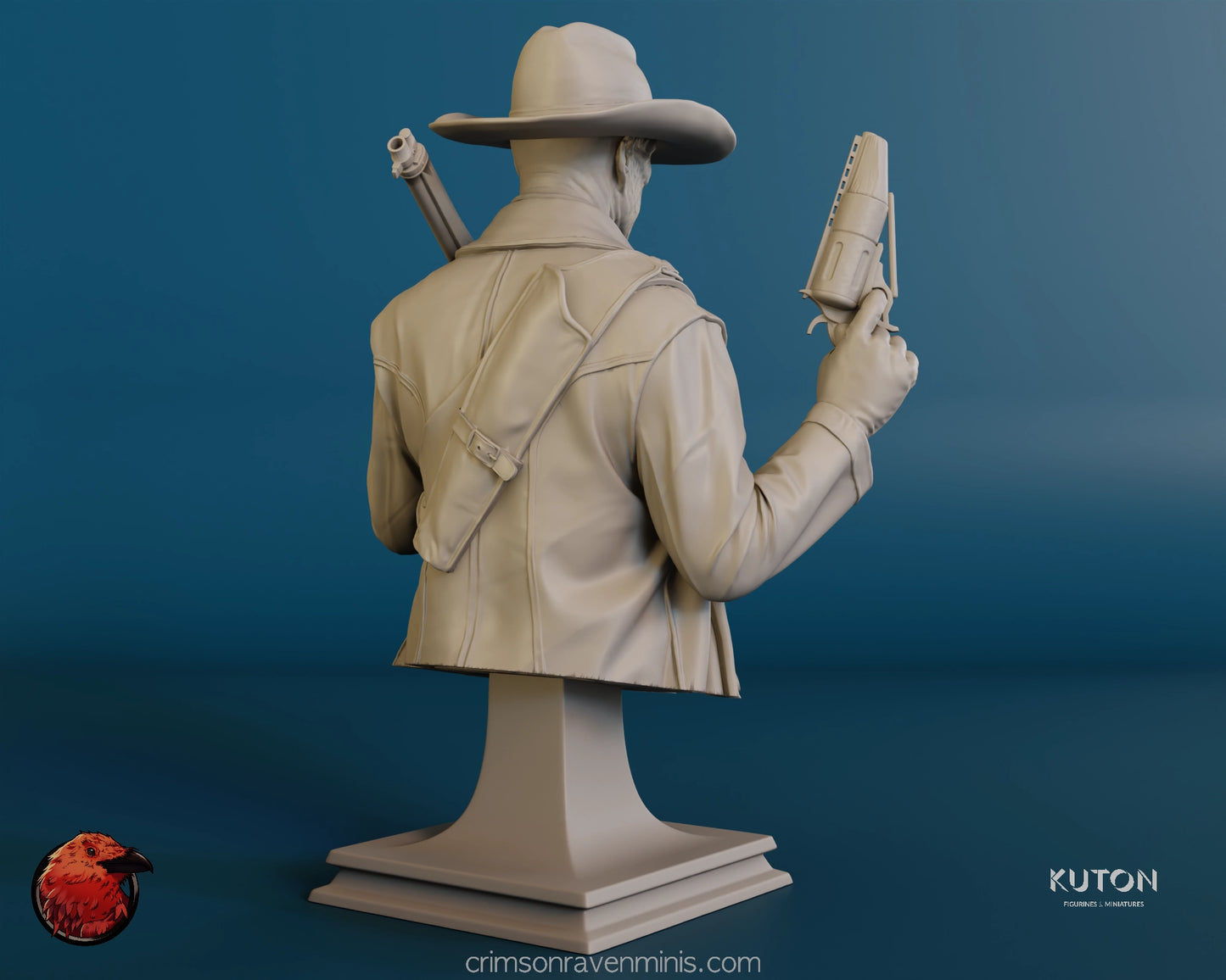 Rear side view of The Ghoul Bust resin model kit from Fallout, focusing on the figure’s stance and detailed accessories.