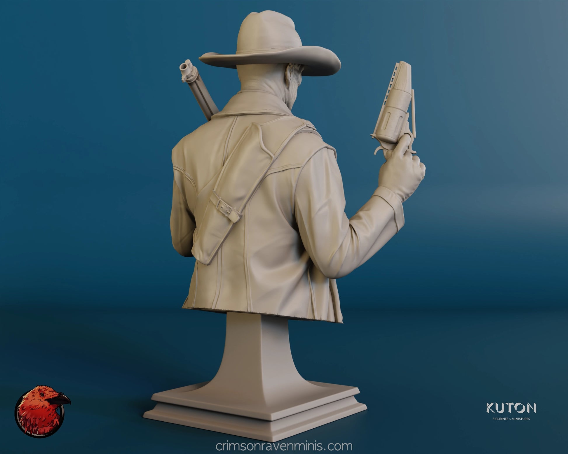 Rear side view of The Ghoul Bust resin model kit from Fallout, focusing on the figure’s stance and detailed accessories.