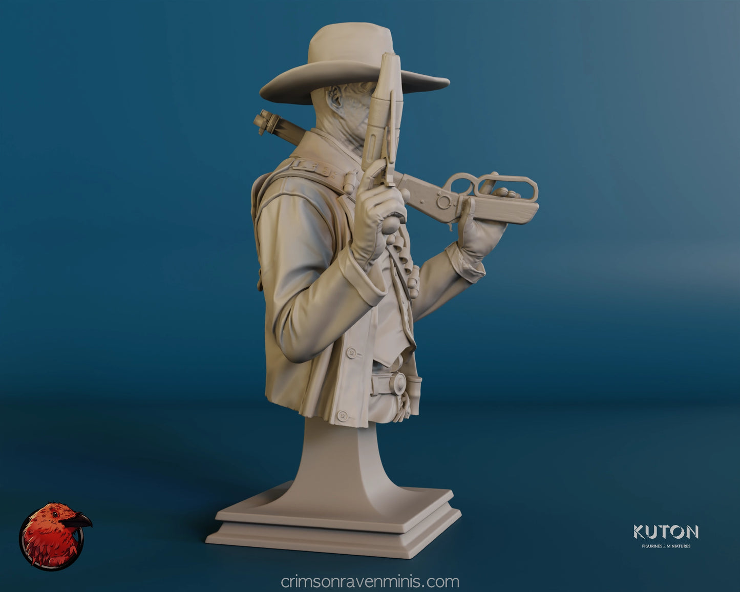 Side profile of The Ghoul Bust resin model kit from Fallout, emphasizing the character's determined expression and futuristic weapon.