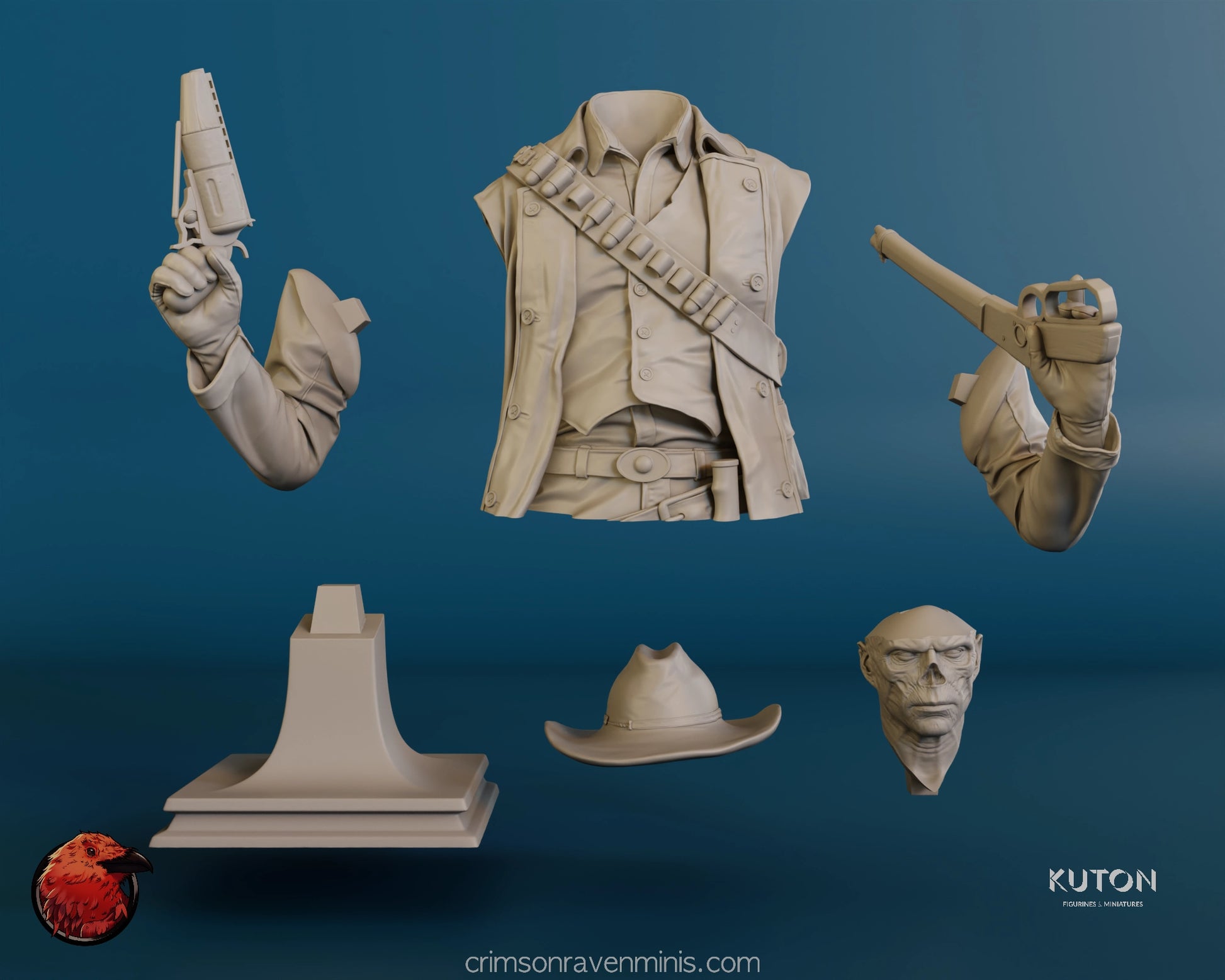 Disassembled parts of The Ghoul Bust resin model kit from Fallout, including the head, torso, arms, weapons, and base.
