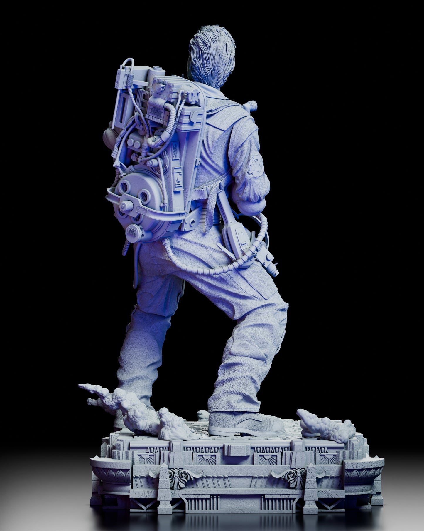 Rear view showing proton pack components, belt gear, and base smoke effects