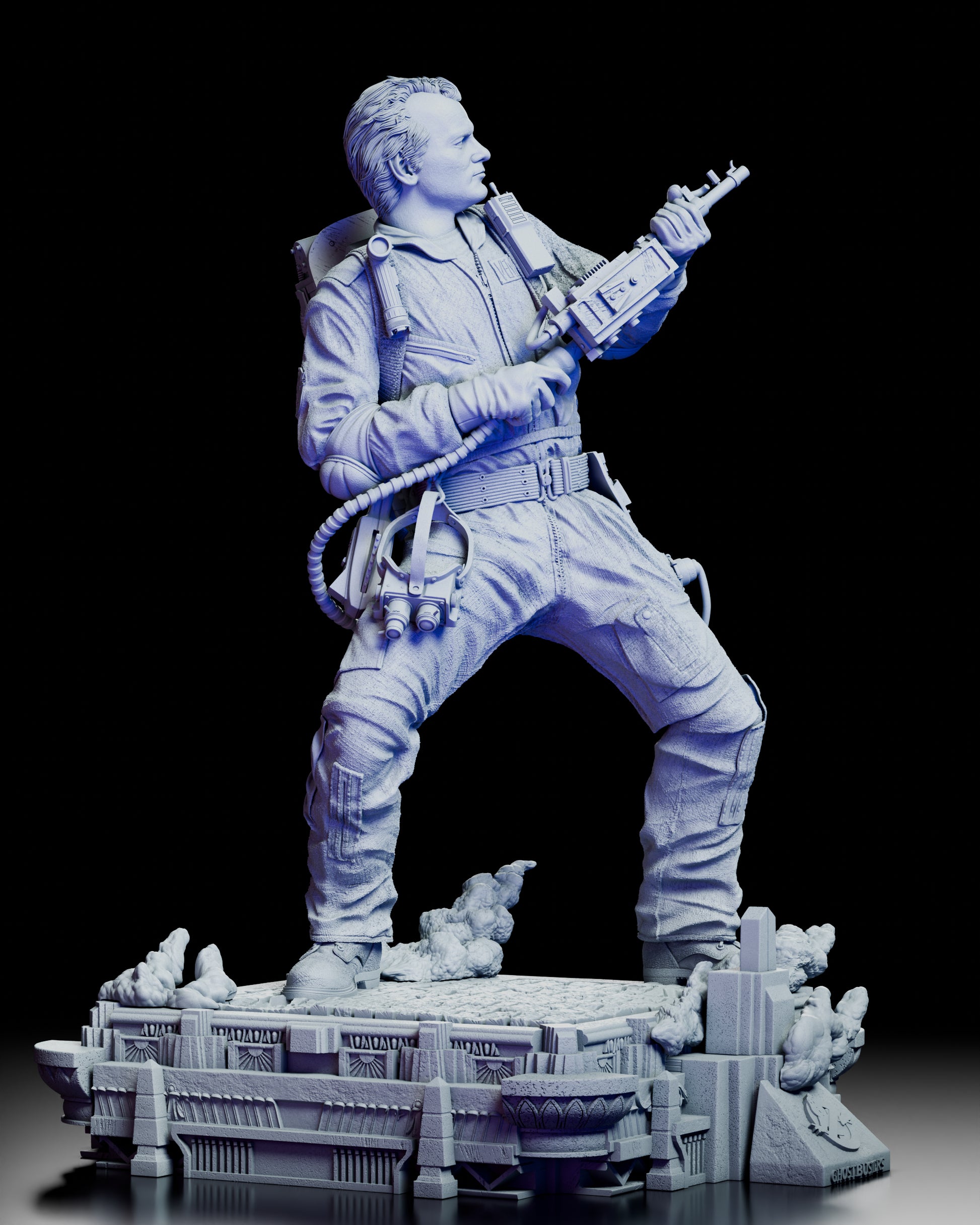 Right side view highlighting proton pack hoses, gloves, and confident posture