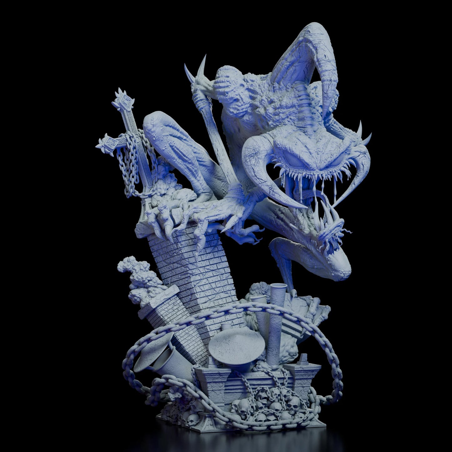 Front view of the Violator resin figure model kit from Spawn Comics crouched over ruins