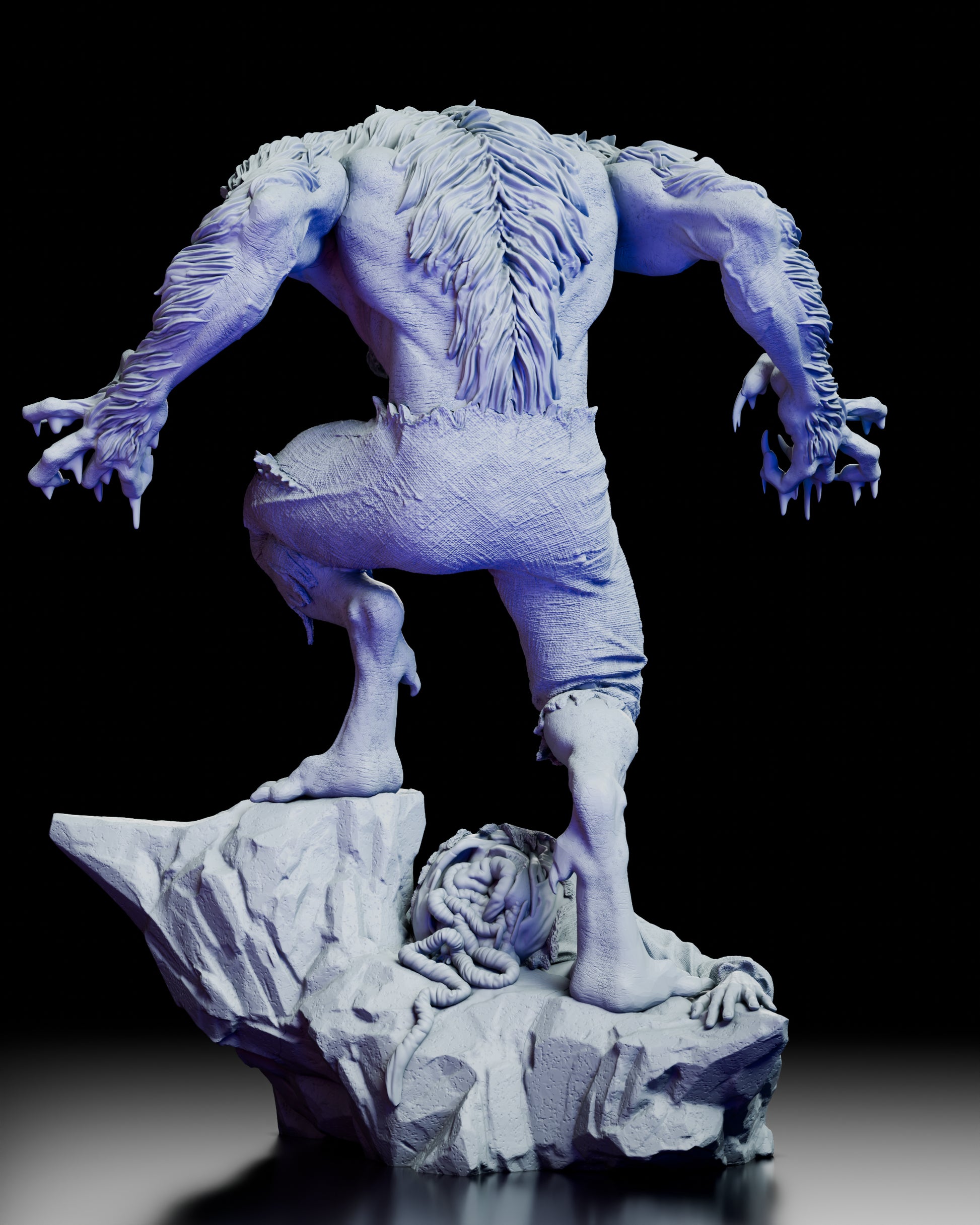 Back view of the Werewolf Figure Model Kit showing fur details, muscular sculpt, and rocky base