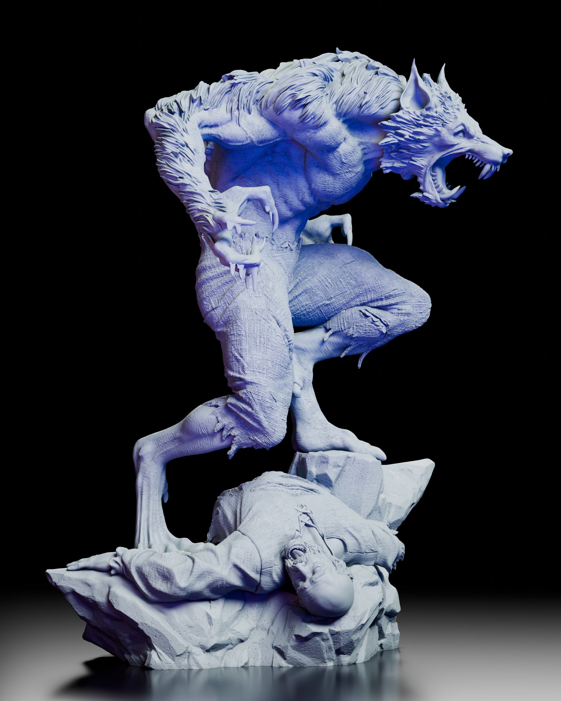 Right profile of the Werewolf Figure Model Kit showcasing fur texture, clawed stance, and gothic display base