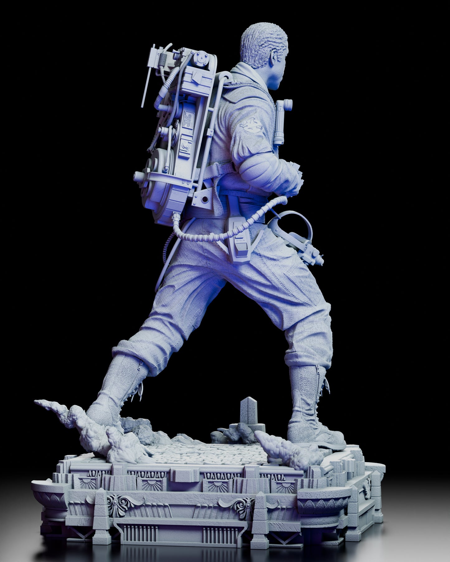 Right side view highlighting the proton pack components, gear belt, and dynamic stance