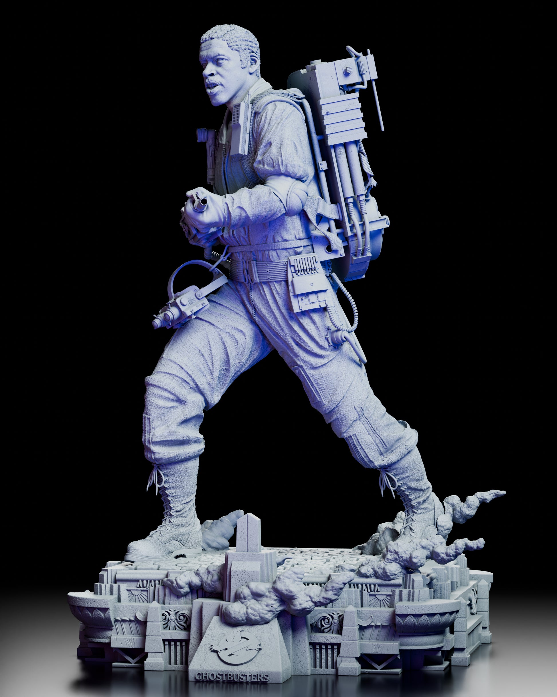 Right side view highlighting the proton pack components, gear belt, and dynamic stance