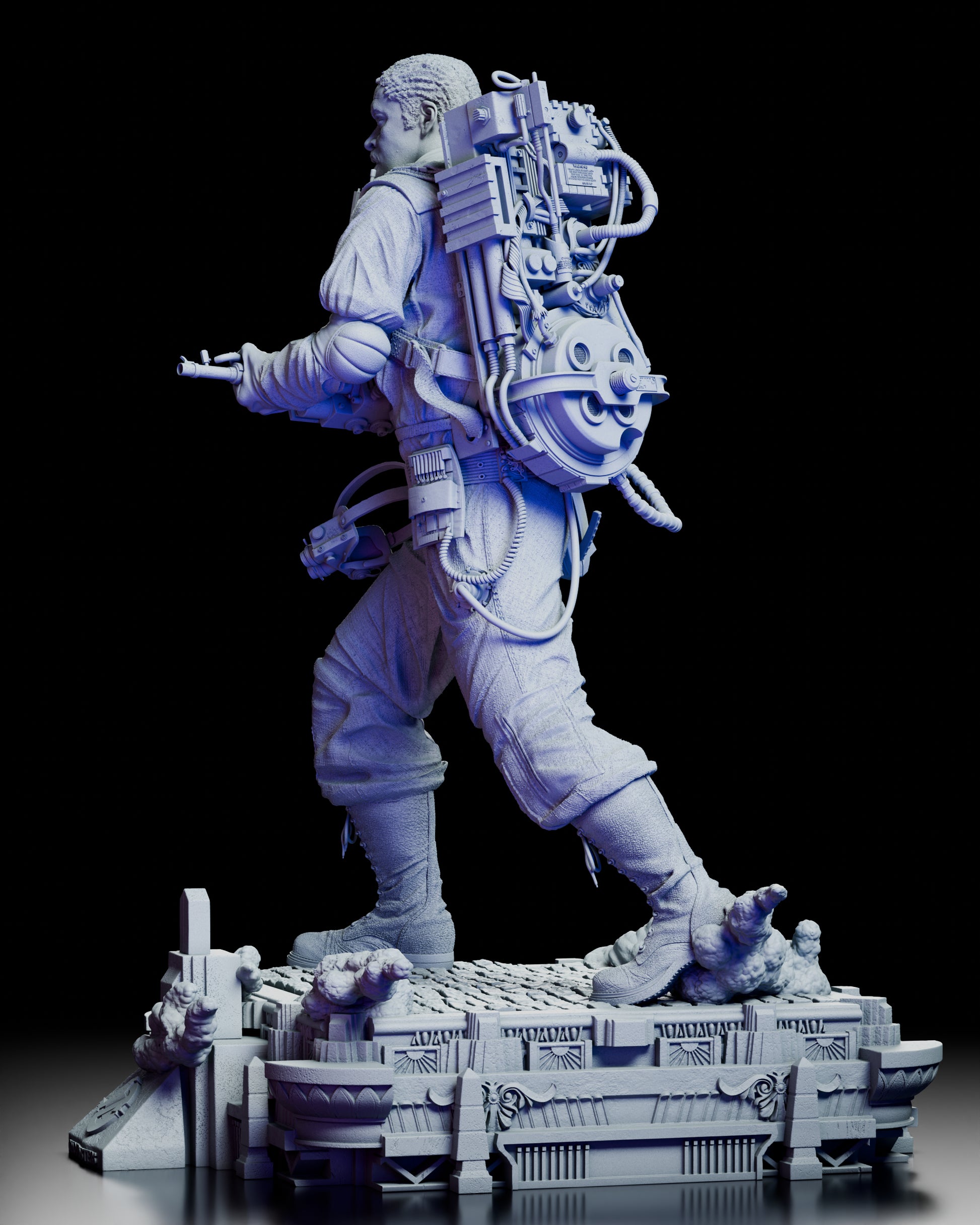 Left side view of Winston Zeddemore showing jumpsuit folds, proton pack cables, and vapor base details