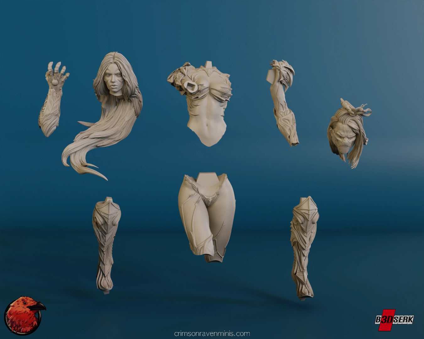 Disassembled parts of the Witchblade - Sara Pezzini resin model kit, showing individual pieces for assembly.