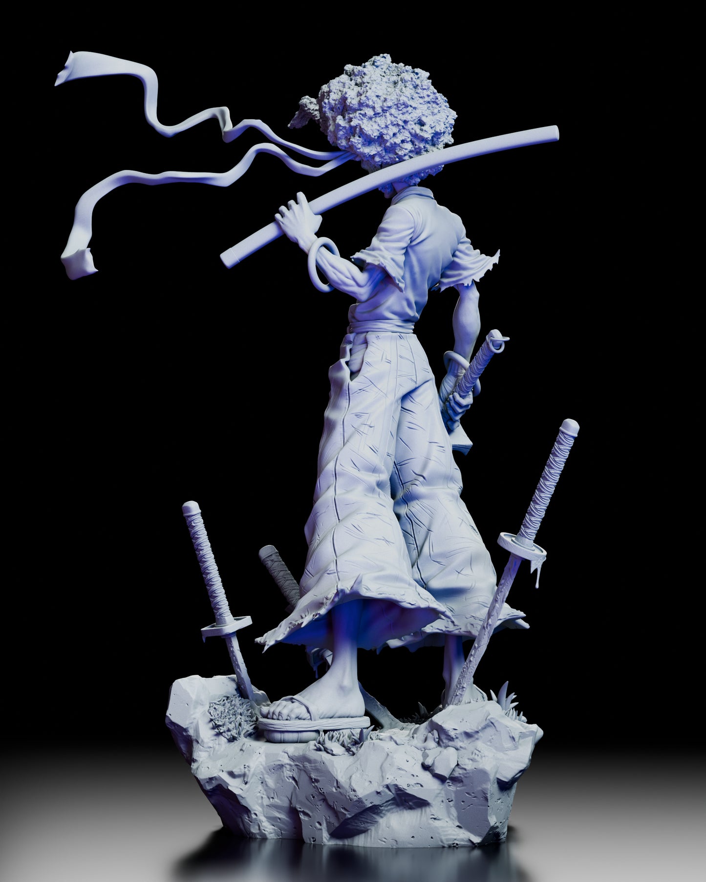 Rear view of Afro Samurai statue showing flowing hair and detailed clothing folds