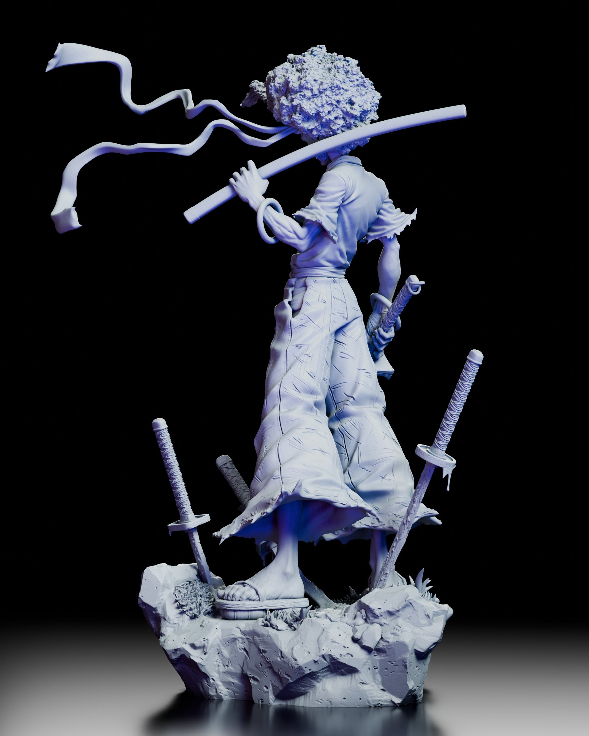 Rear view of Afro Samurai statue showing flowing hair and detailed clothing folds